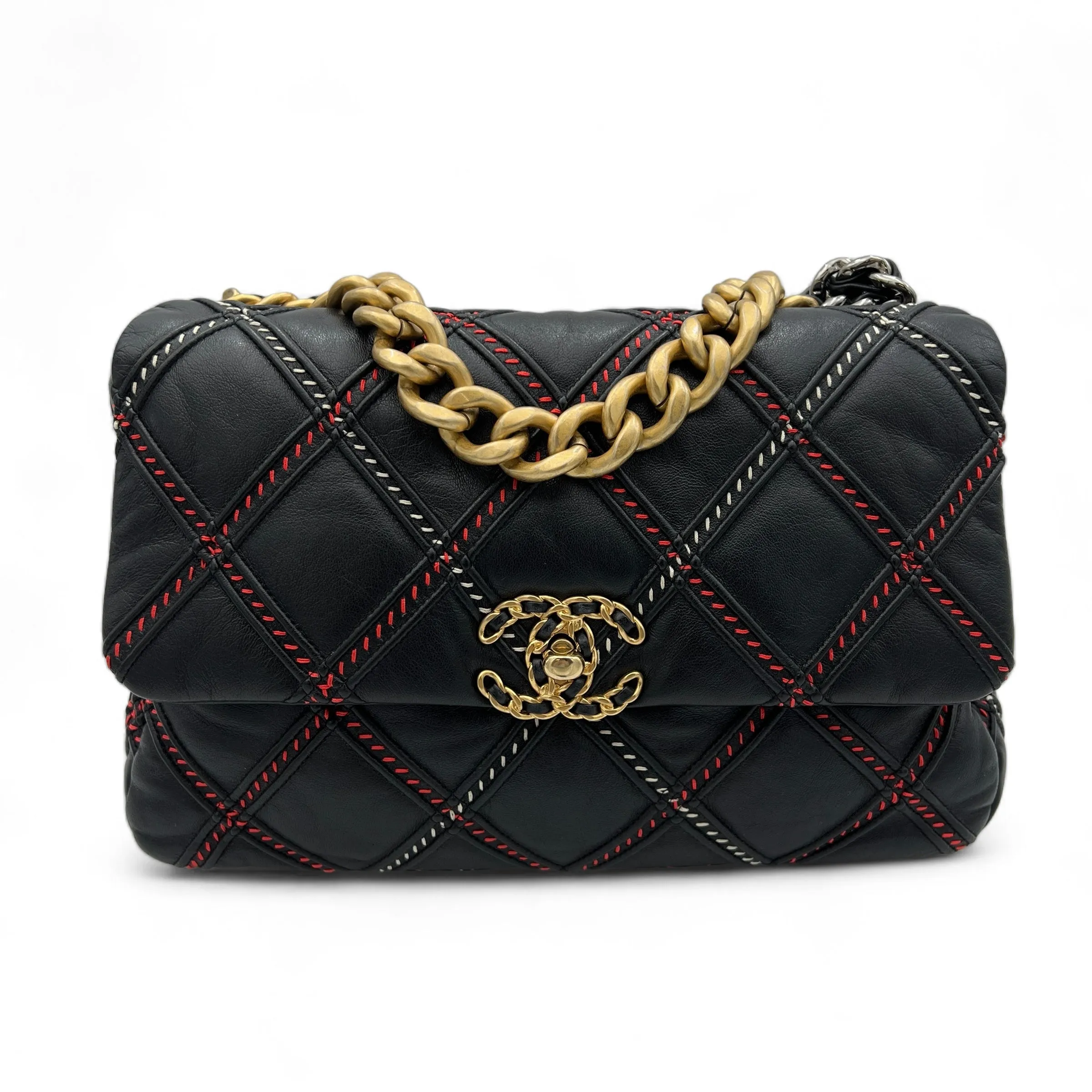 19 Flap Large Black Shoulder Bag in Lambskin, Gold hardware