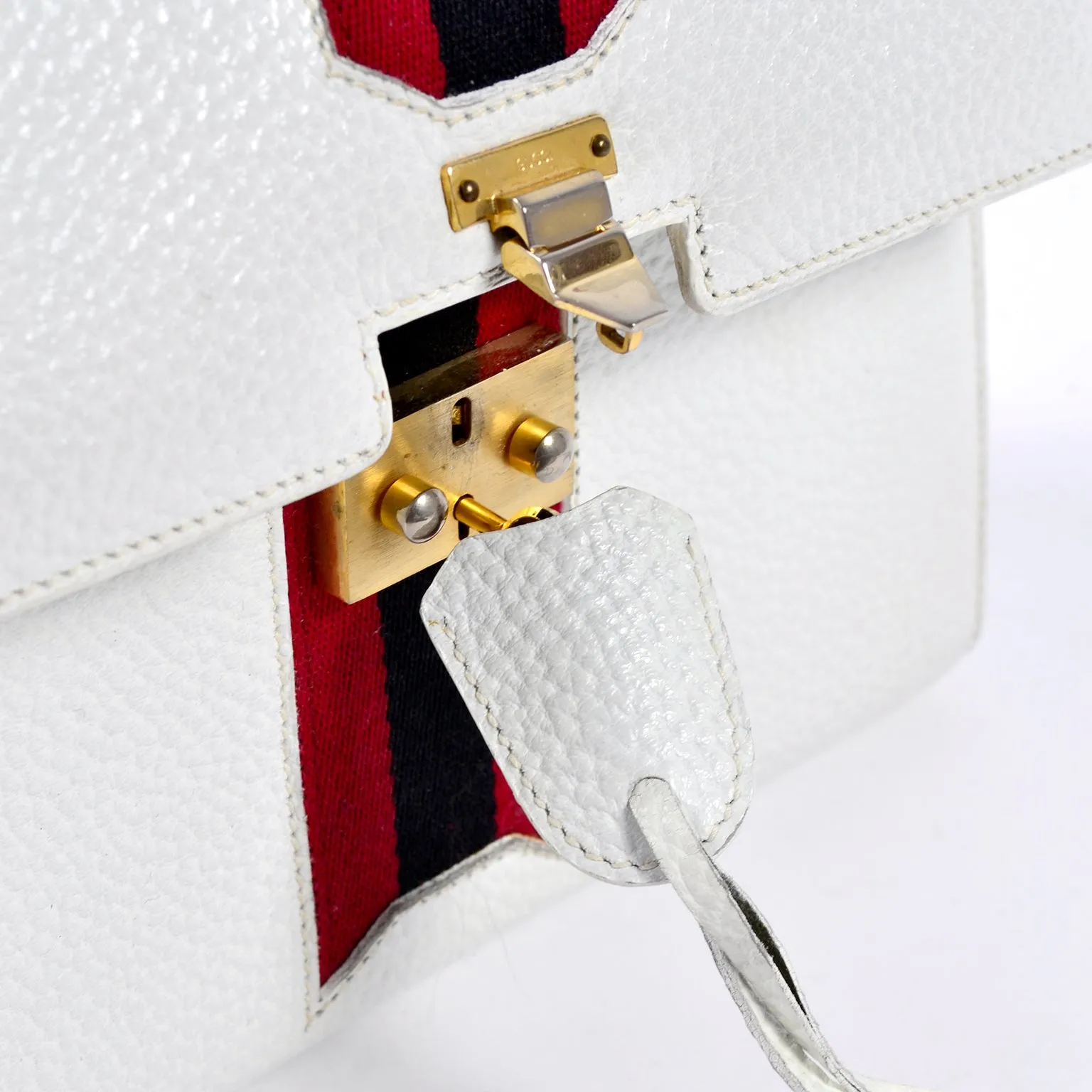 1960's Gucci Padlock Top Handle Handbag in White Leather With Stripes & Key Lock