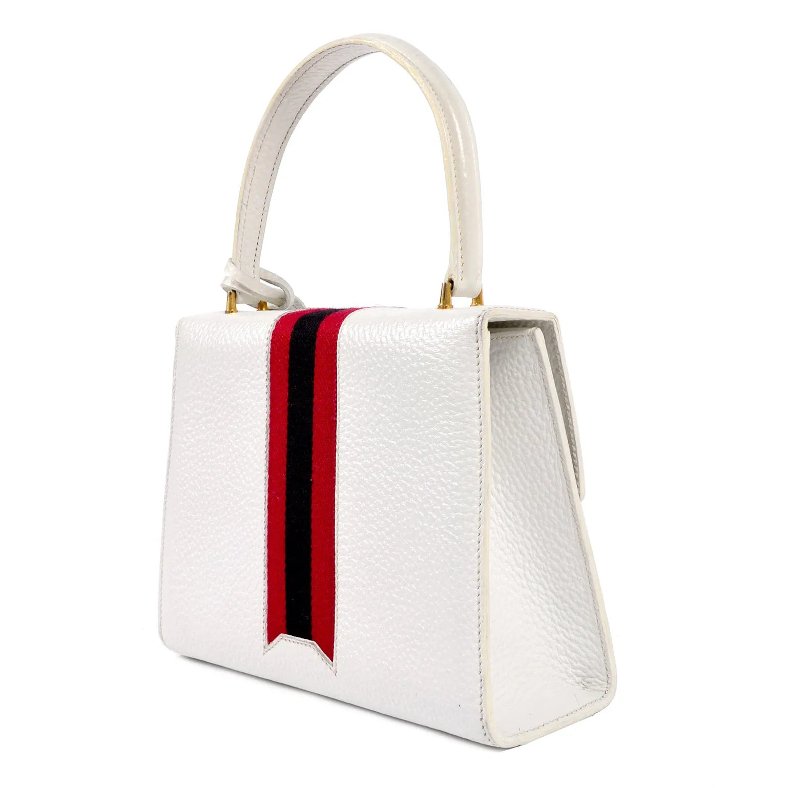 1960's Gucci Padlock Top Handle Handbag in White Leather With Stripes & Key Lock