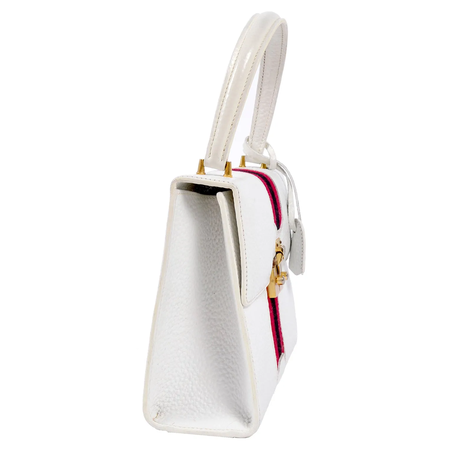 1960's Gucci Padlock Top Handle Handbag in White Leather With Stripes & Key Lock