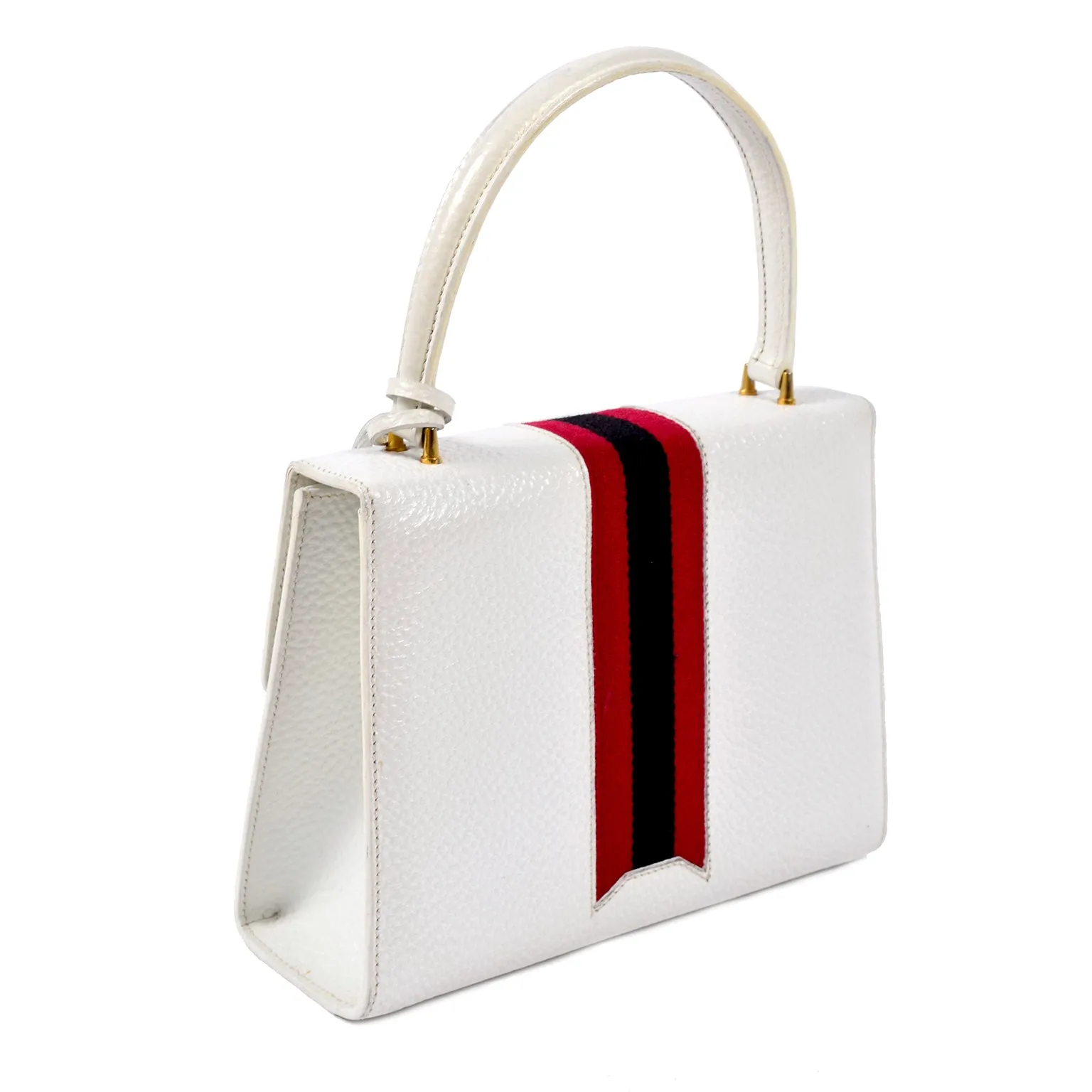 1960's Gucci Padlock Top Handle Handbag in White Leather With Stripes & Key Lock