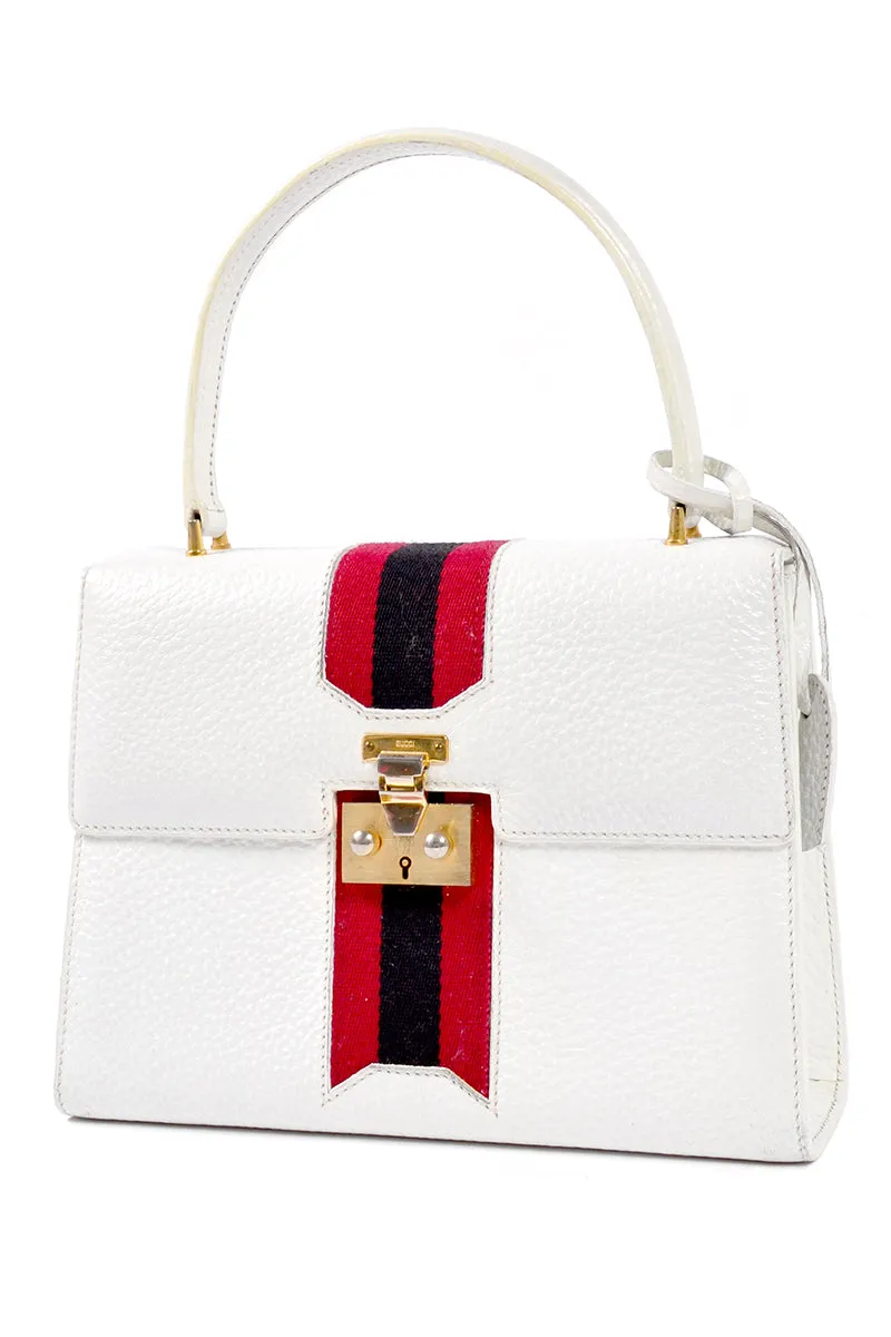 1960's Gucci Padlock Top Handle Handbag in White Leather With Stripes & Key Lock