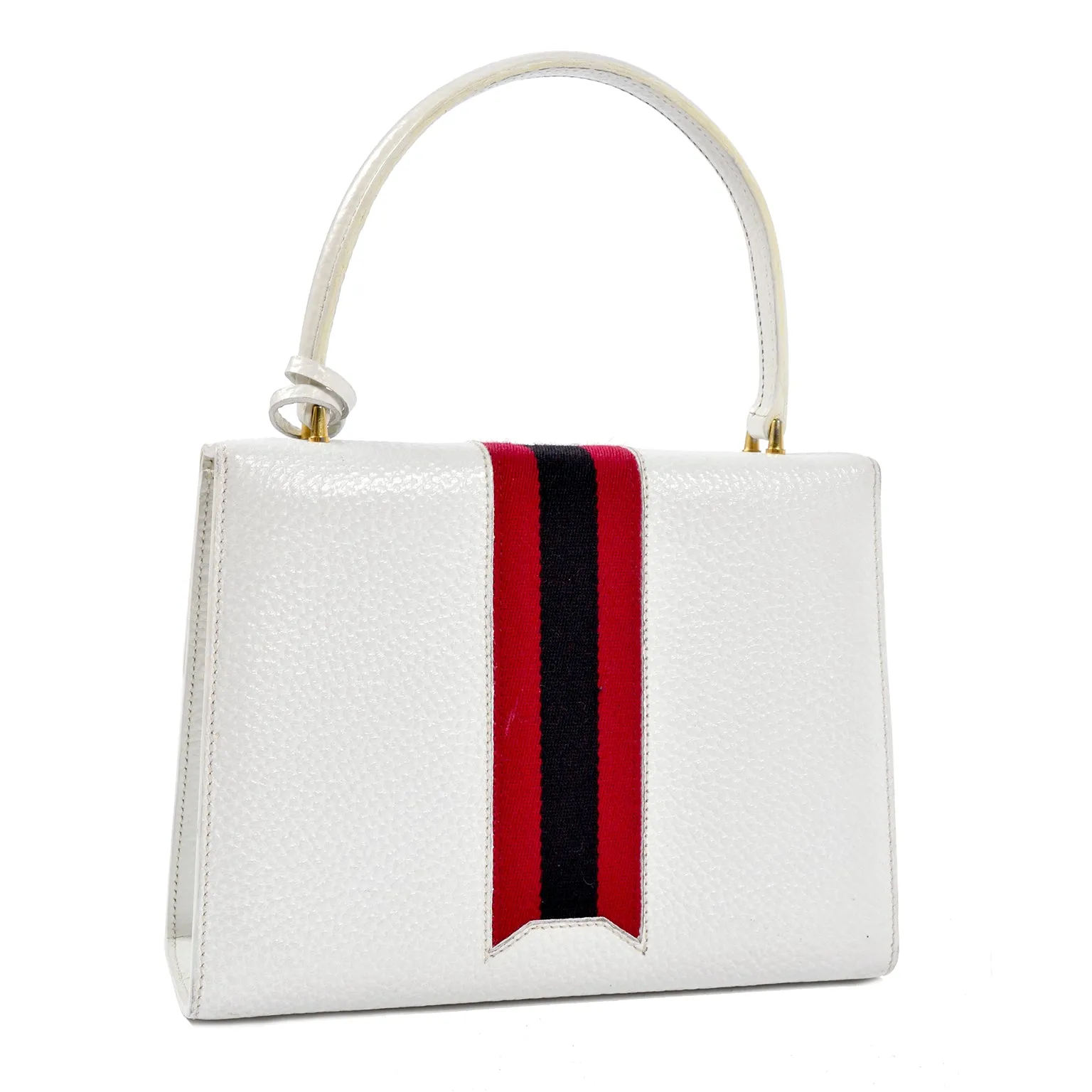 1960's Gucci Padlock Top Handle Handbag in White Leather With Stripes & Key Lock