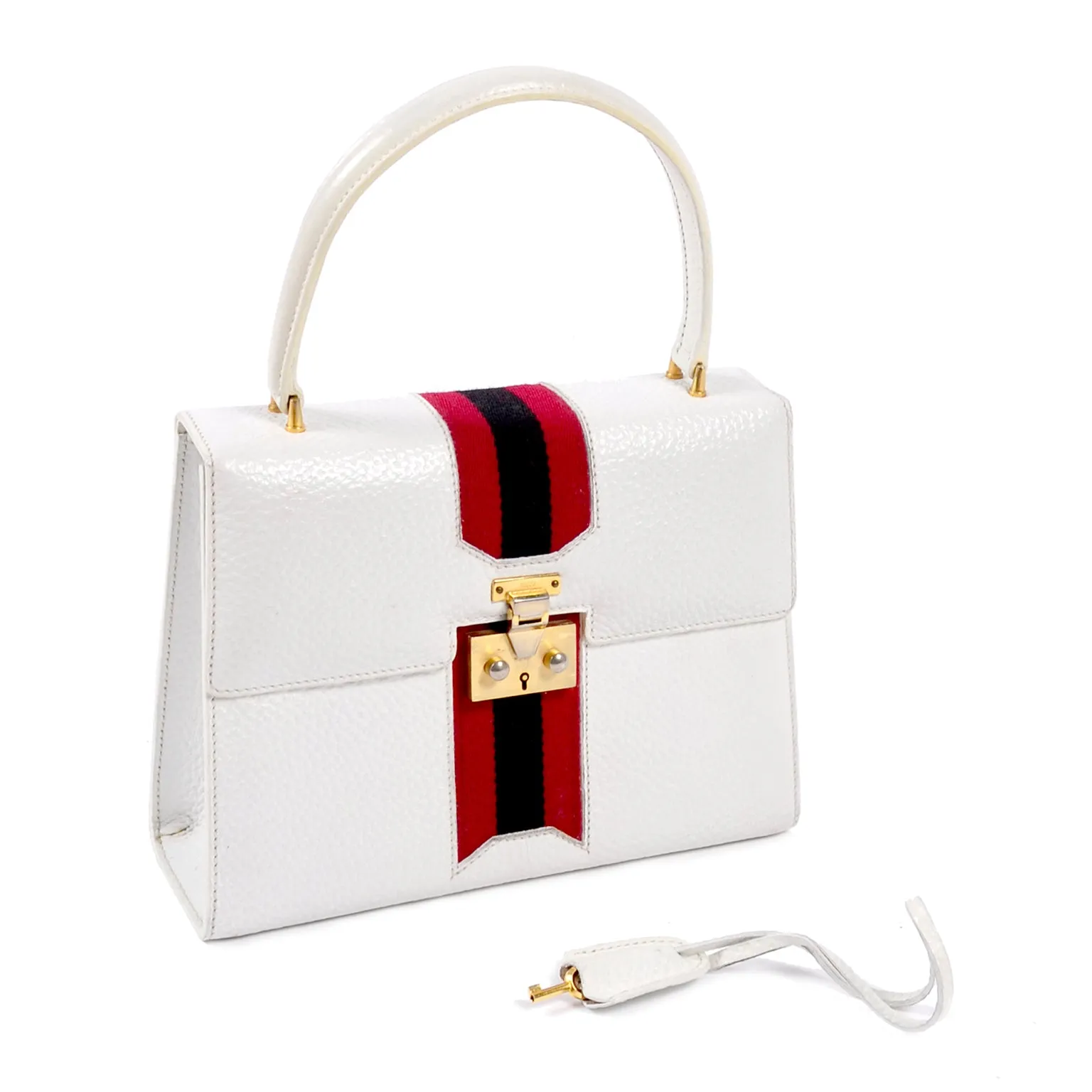 1960's Gucci Padlock Top Handle Handbag in White Leather With Stripes & Key Lock