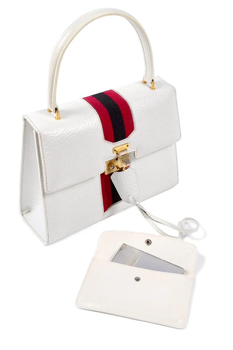 1960's Gucci Padlock Top Handle Handbag in White Leather With Stripes & Key Lock