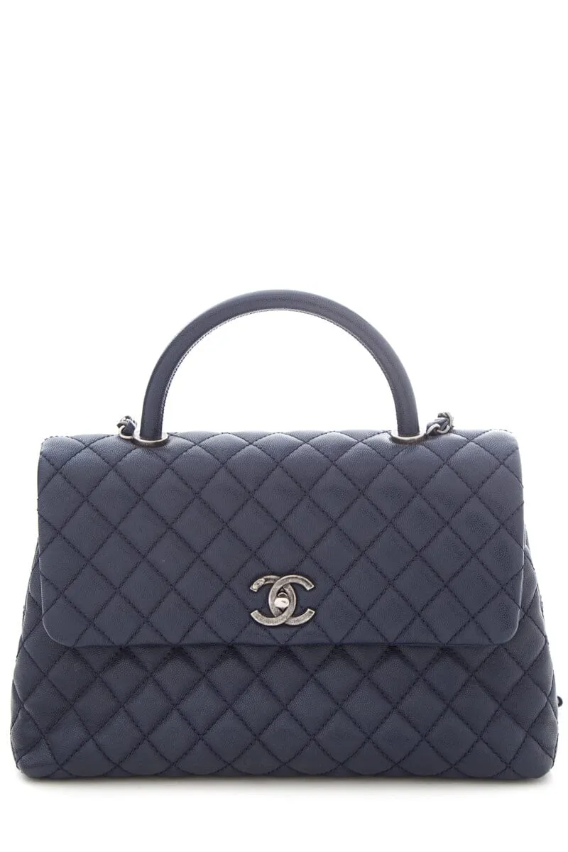 2016 Chanel Coco Top-Handle Navy Quilted Caviar Leather Handbag