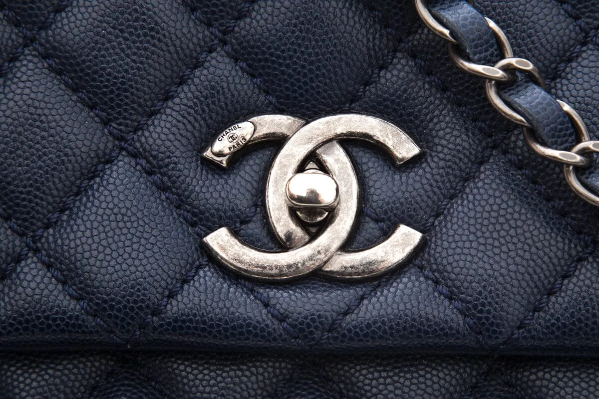 2016 Chanel Coco Top-Handle Navy Quilted Caviar Leather Handbag