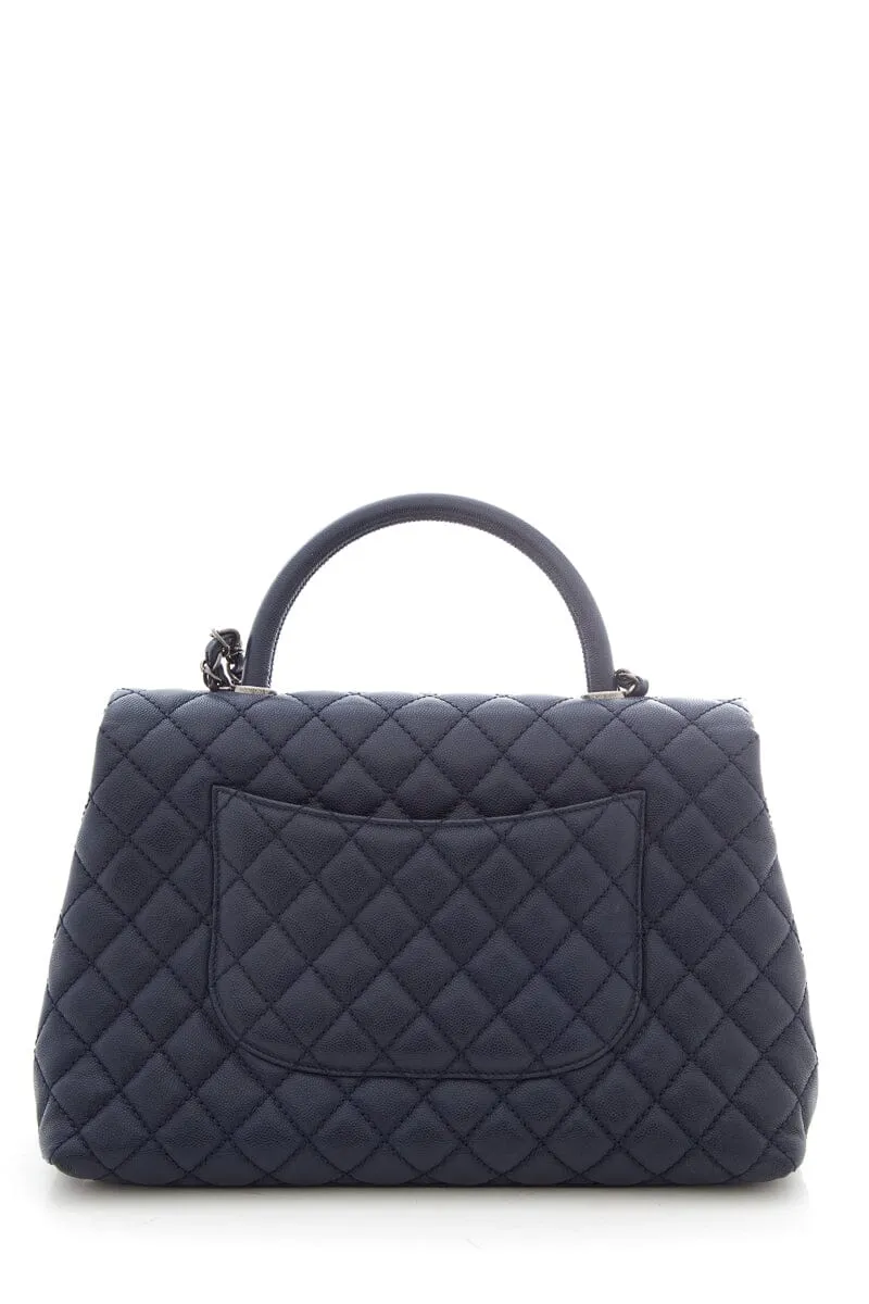 2016 Chanel Coco Top-Handle Navy Quilted Caviar Leather Handbag