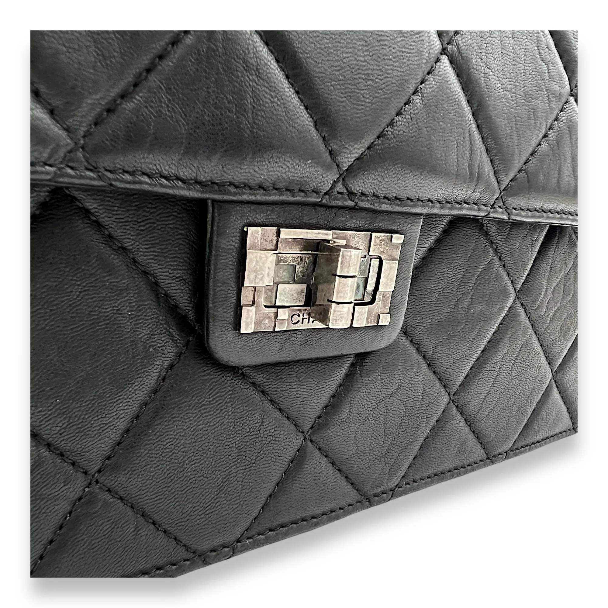 2.55 Document Large Black Shoulder Bag in Lambskin, Brushed Silver hardware