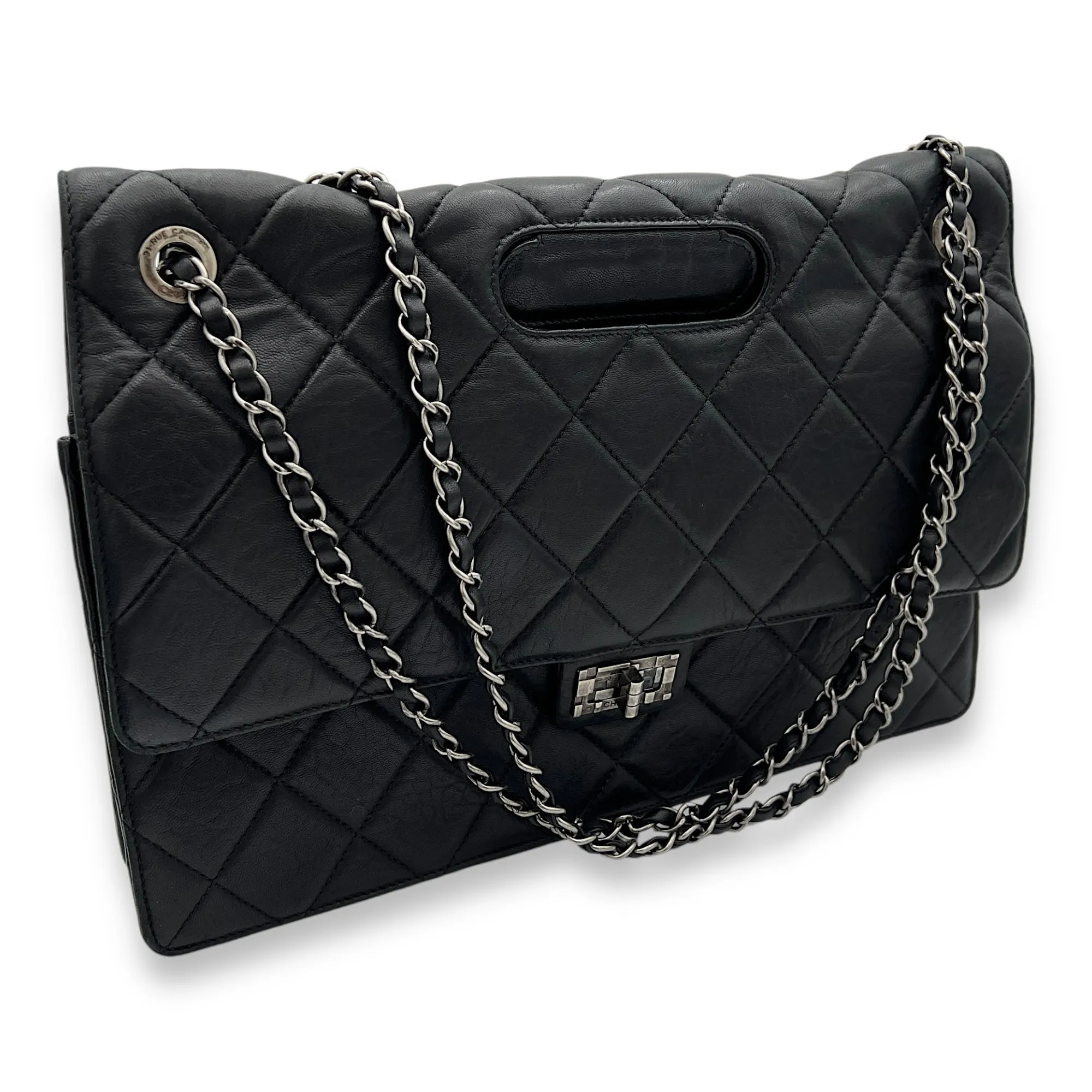 2.55 Document Large Black Shoulder Bag in Lambskin, Brushed Silver hardware