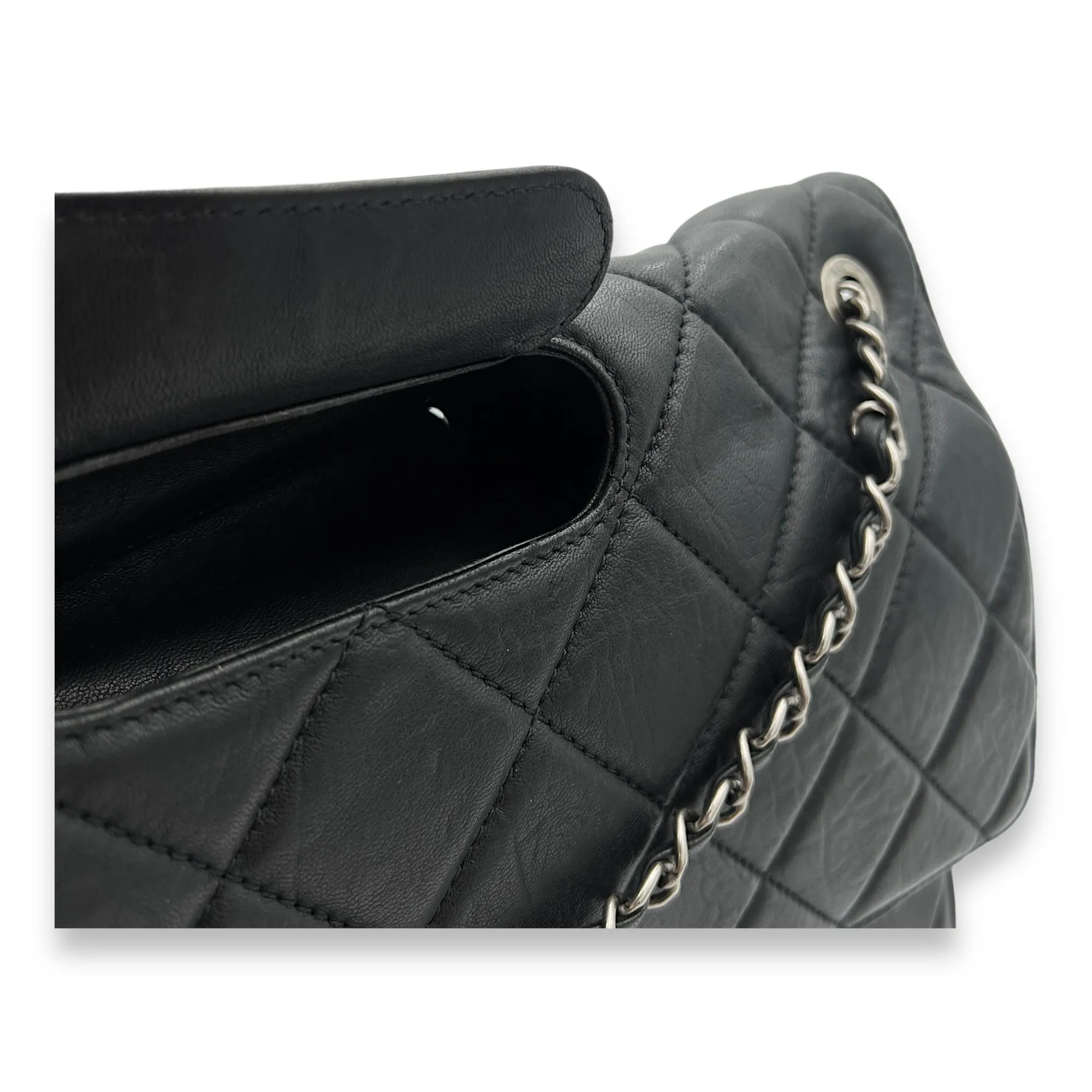 2.55 Document Large Black Shoulder Bag in Lambskin, Brushed Silver hardware