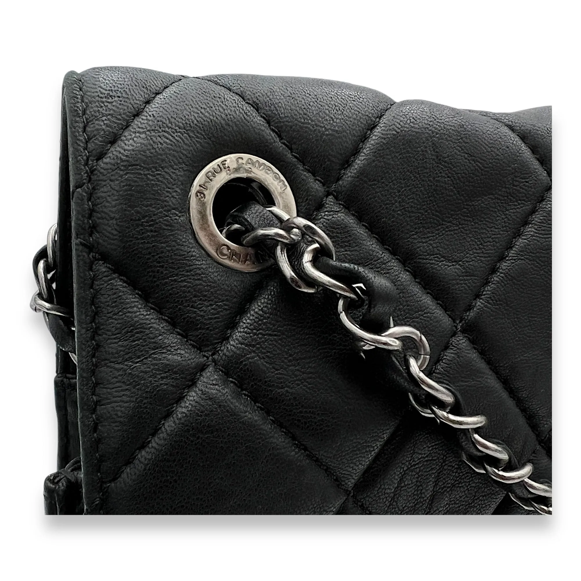 2.55 Document Large Black Shoulder Bag in Lambskin, Brushed Silver hardware