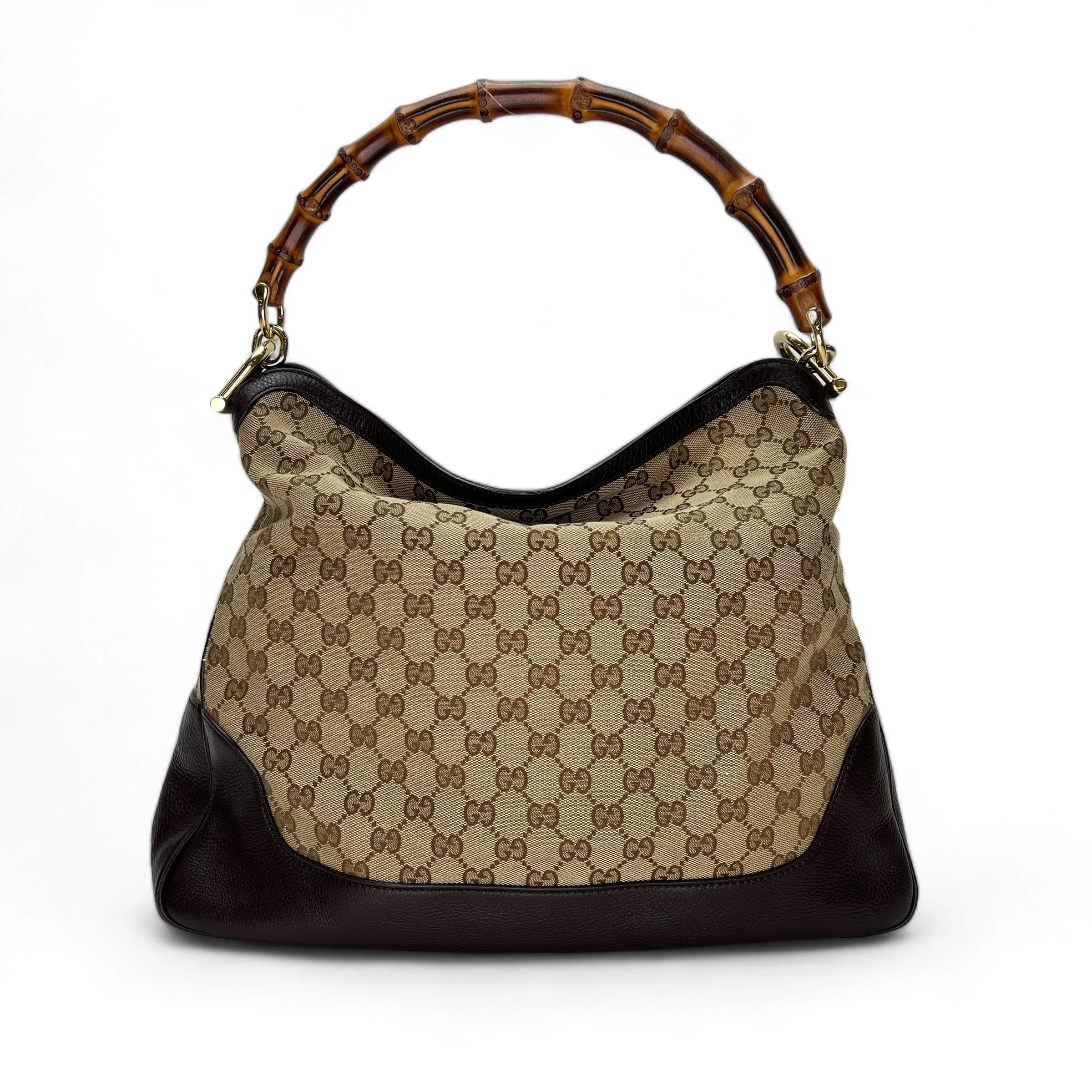 Bamboo Brown Shoulder Bag in Jacquard, Gold hardware