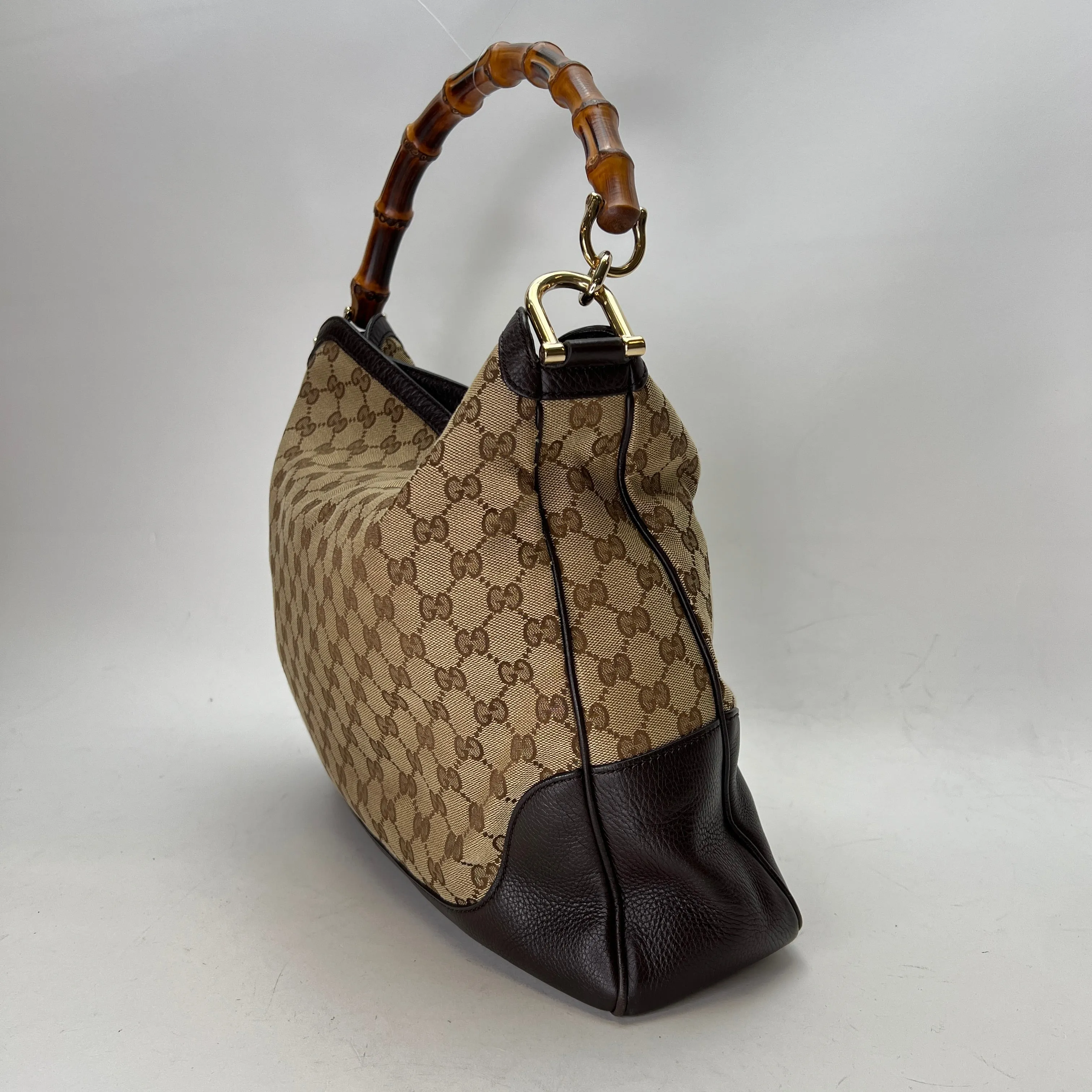 Bamboo Brown Shoulder Bag in Jacquard, Gold hardware