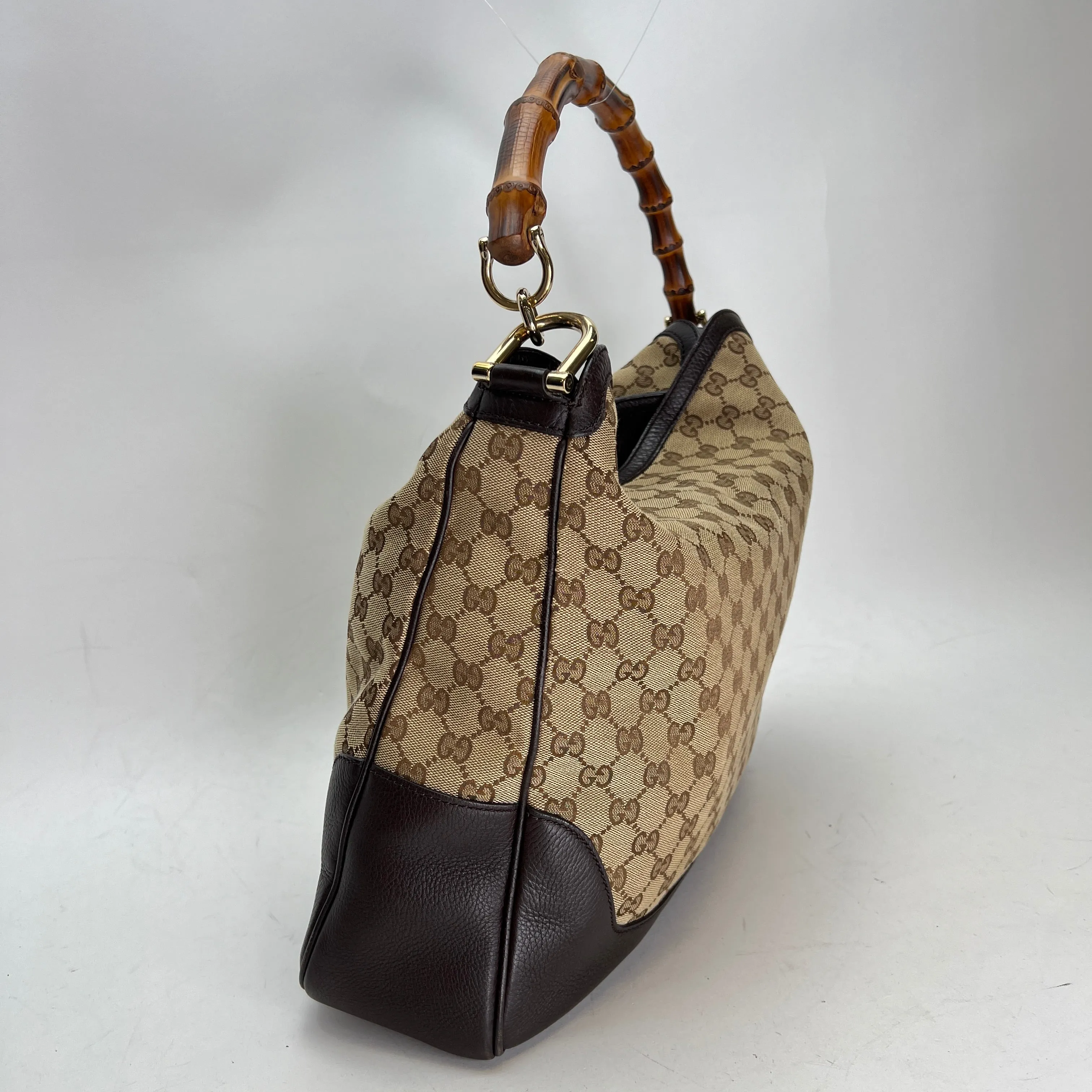 Bamboo Brown Shoulder Bag in Jacquard, Gold hardware