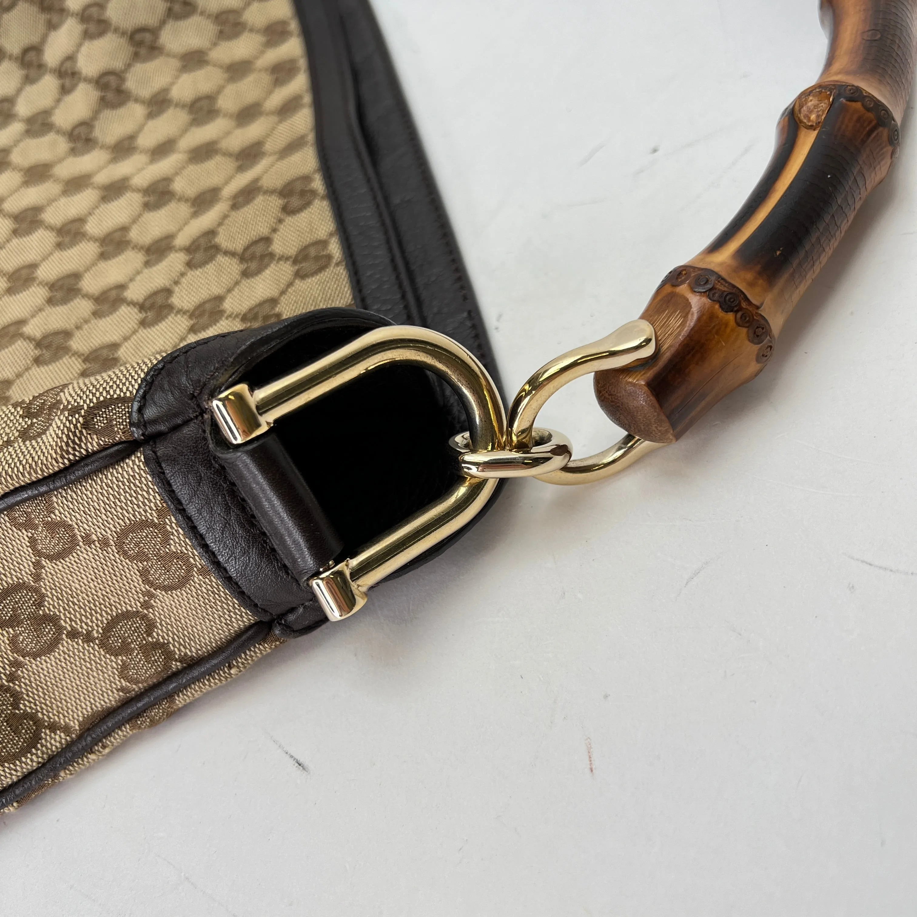 Bamboo Brown Shoulder Bag in Jacquard, Gold hardware