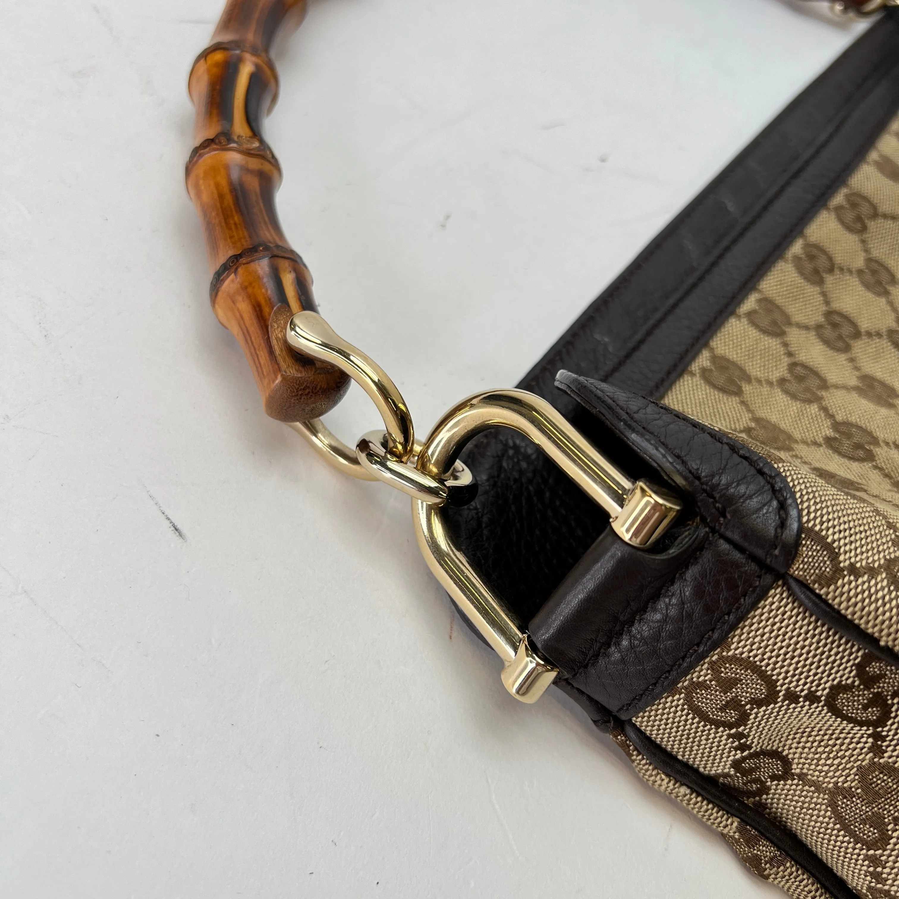 Bamboo Brown Shoulder Bag in Jacquard, Gold hardware