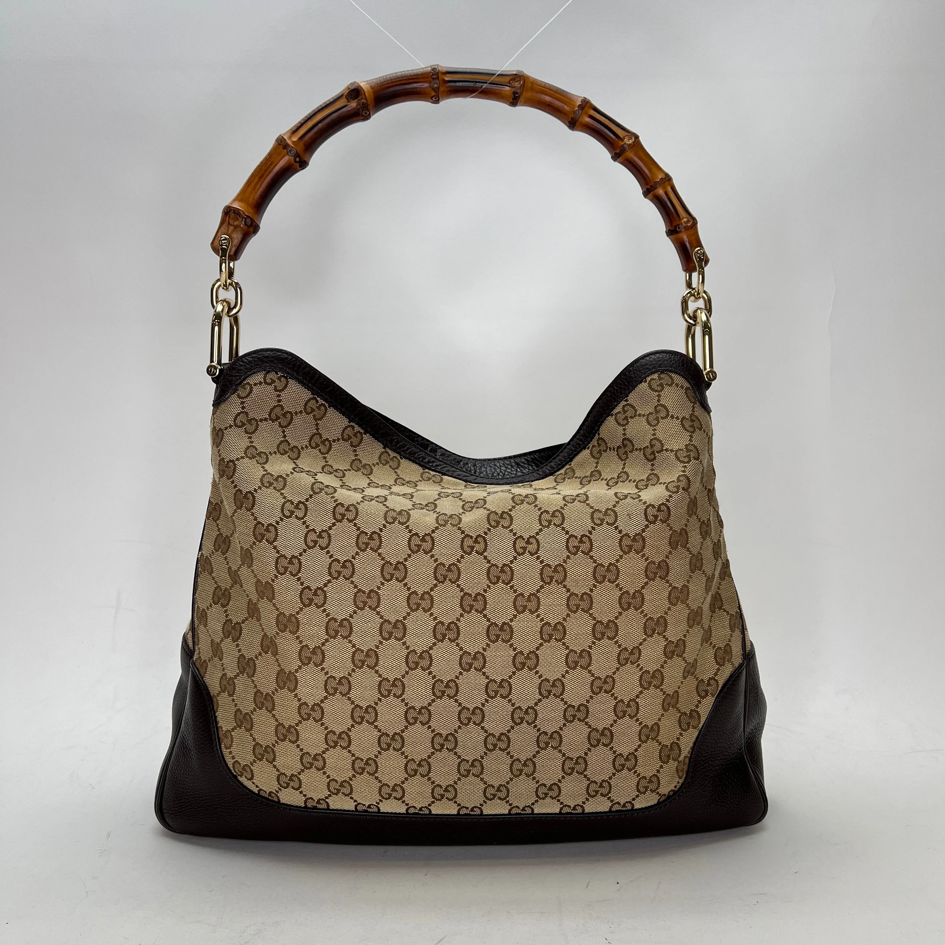 Bamboo Brown Shoulder Bag in Jacquard, Gold hardware