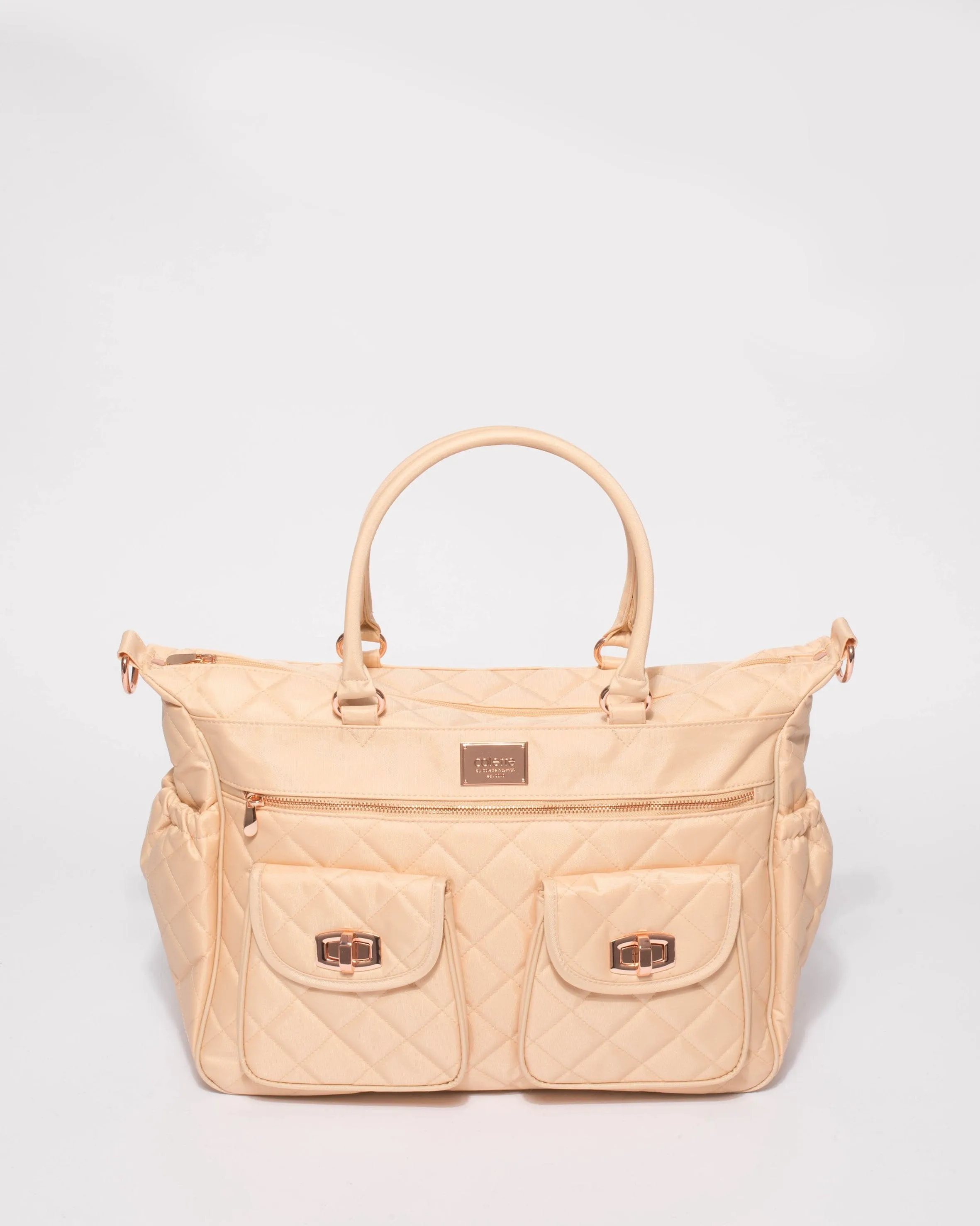 Beige Quilted Baby Bag With Rose Gold Hardware