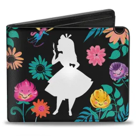 Bi-Fold Wallet - Alice Pose Silhouette   CURIOUSER AND CURIOUSER Floral Collage Black White Multi Color