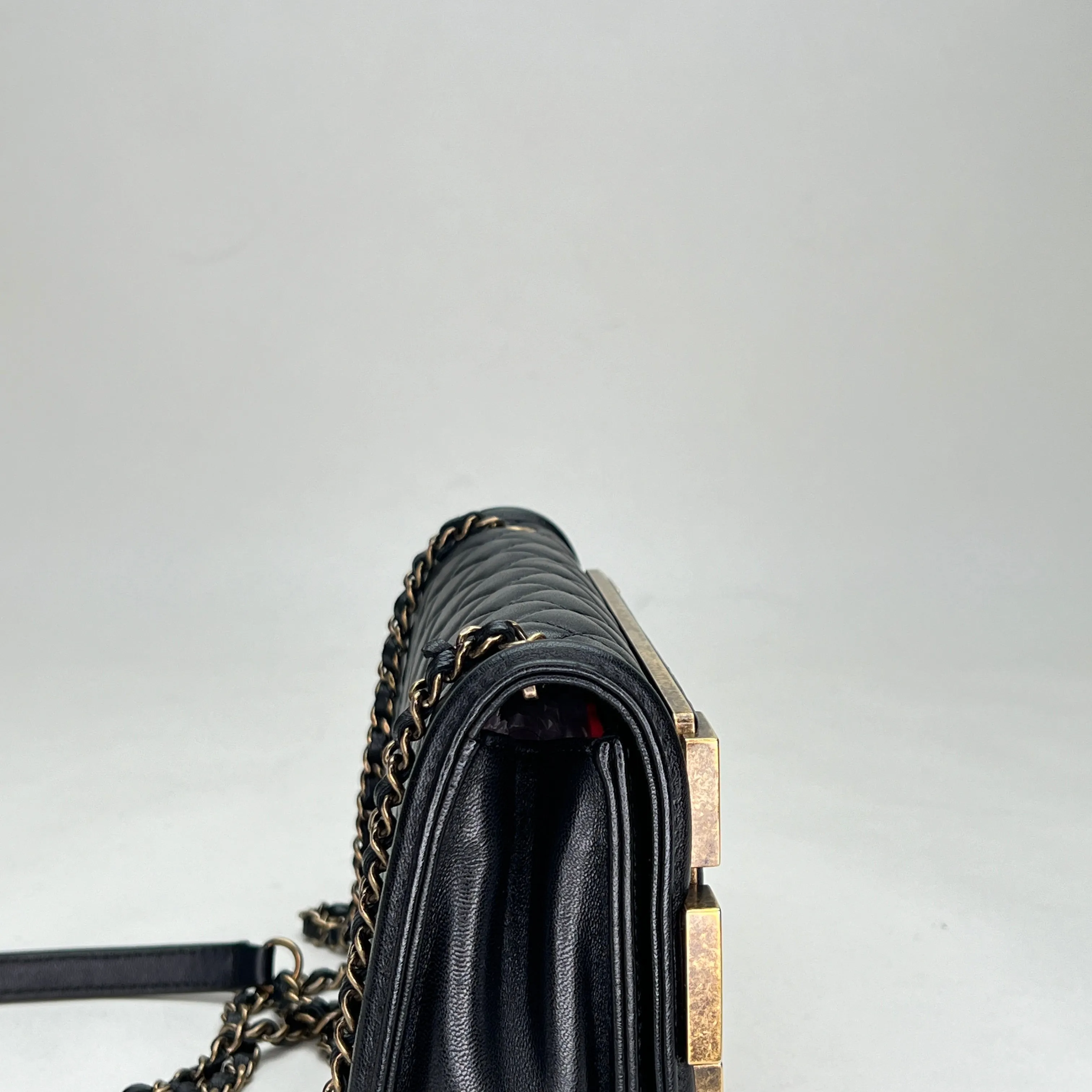 Boy Brick Studded Horizontal Flap Black Crossbody Bag in Lambskin, Brushed Gold hardware