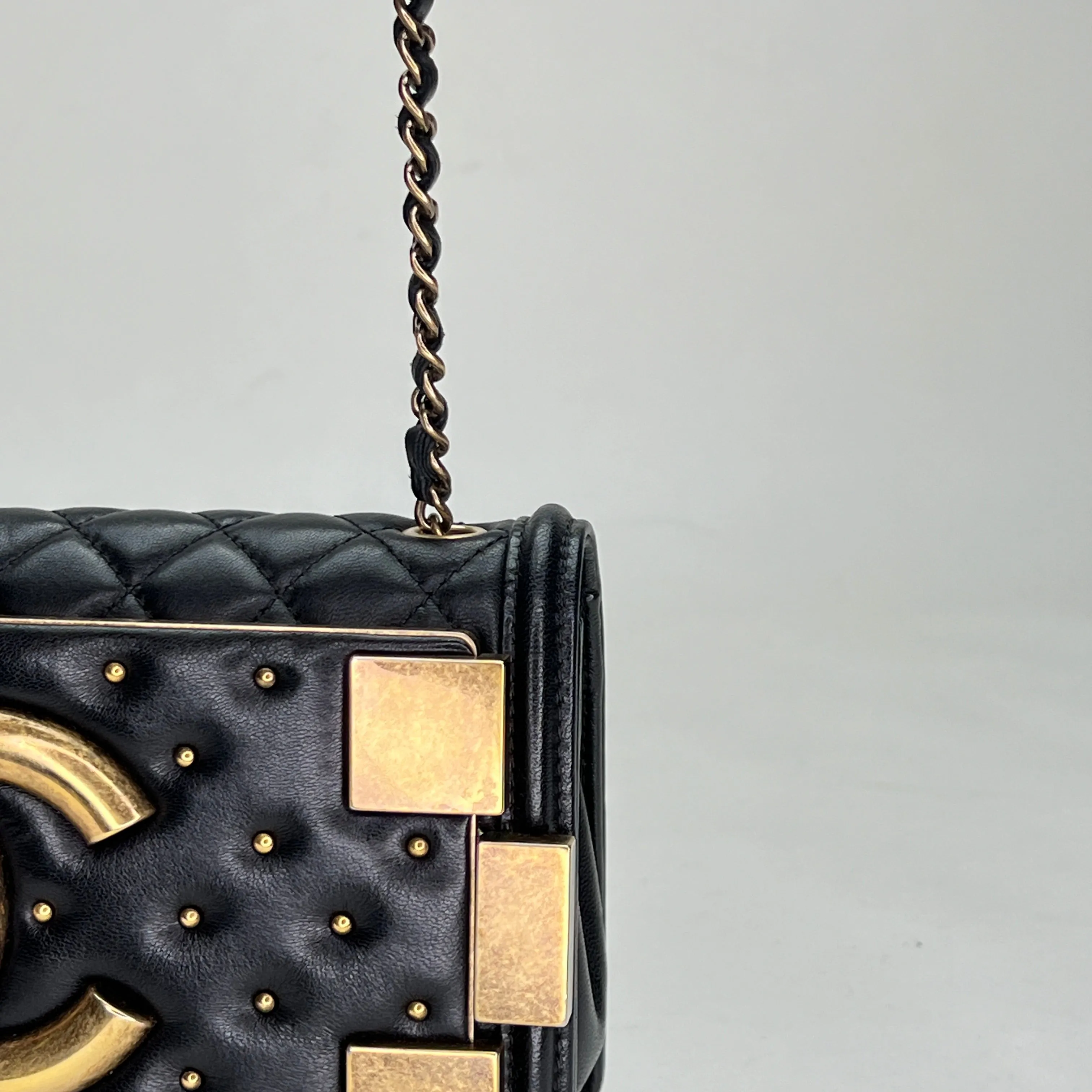 Boy Brick Studded Horizontal Flap Black Crossbody Bag in Lambskin, Brushed Gold hardware