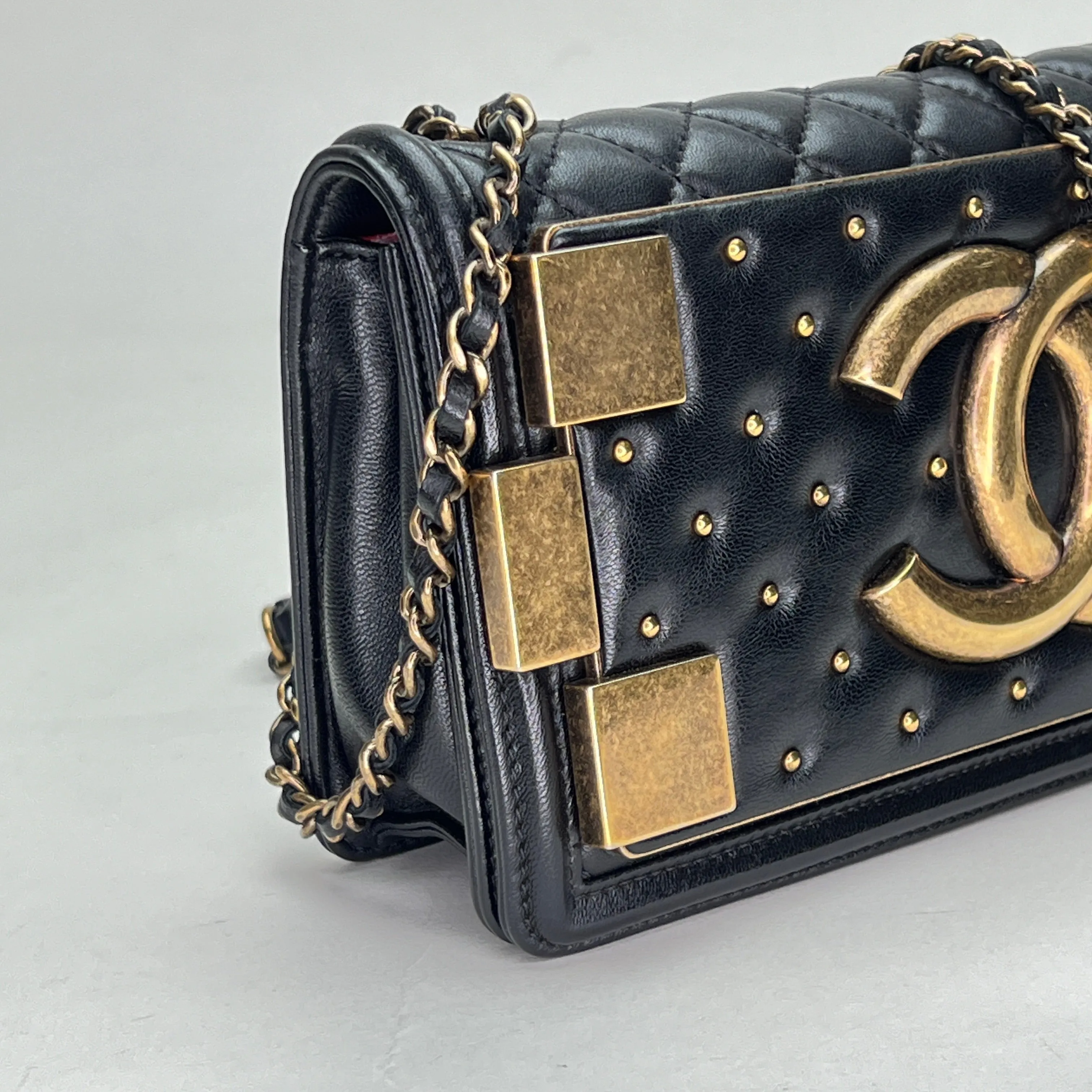 Boy Brick Studded Horizontal Flap Black Crossbody Bag in Lambskin, Brushed Gold hardware