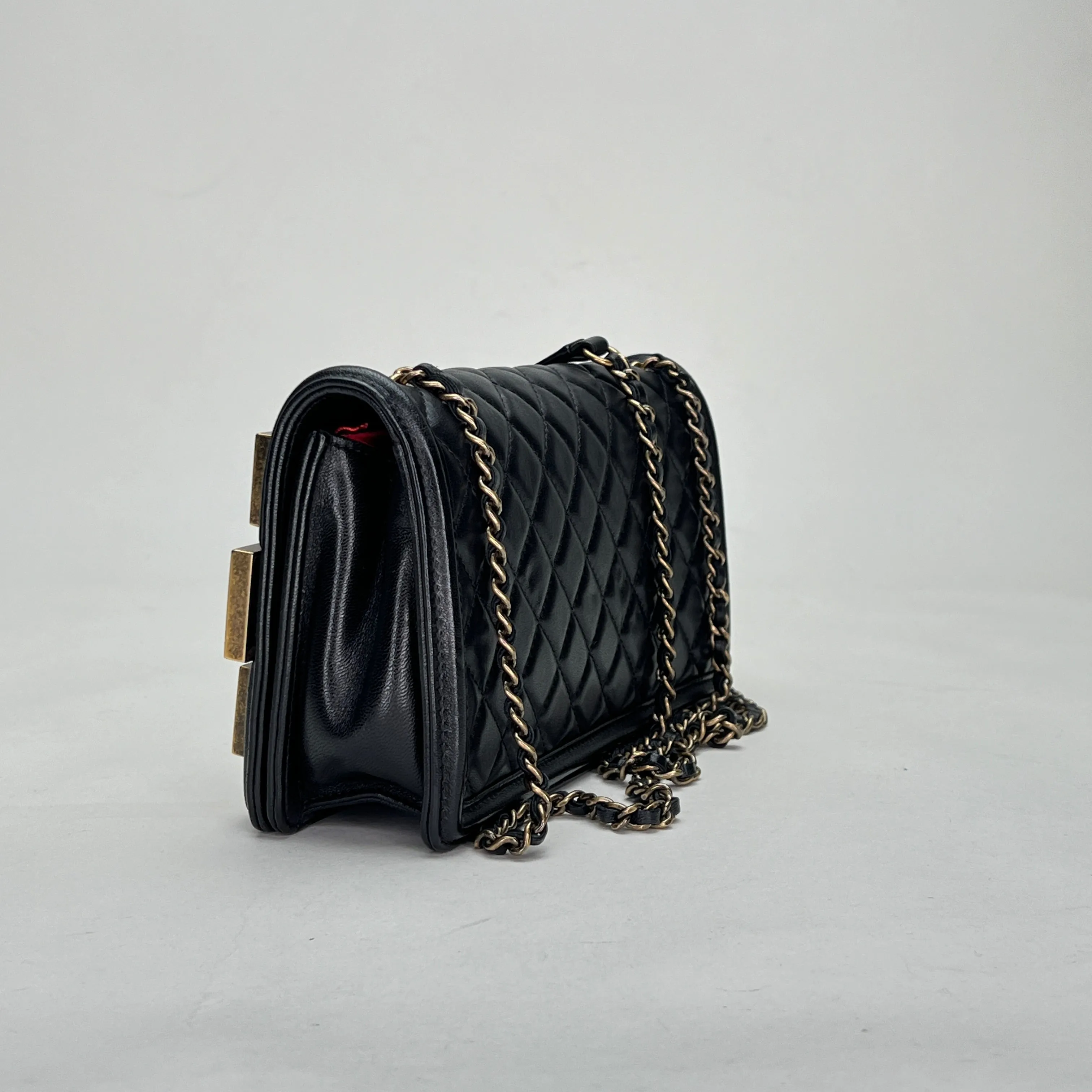 Boy Brick Studded Horizontal Flap Black Crossbody Bag in Lambskin, Brushed Gold hardware