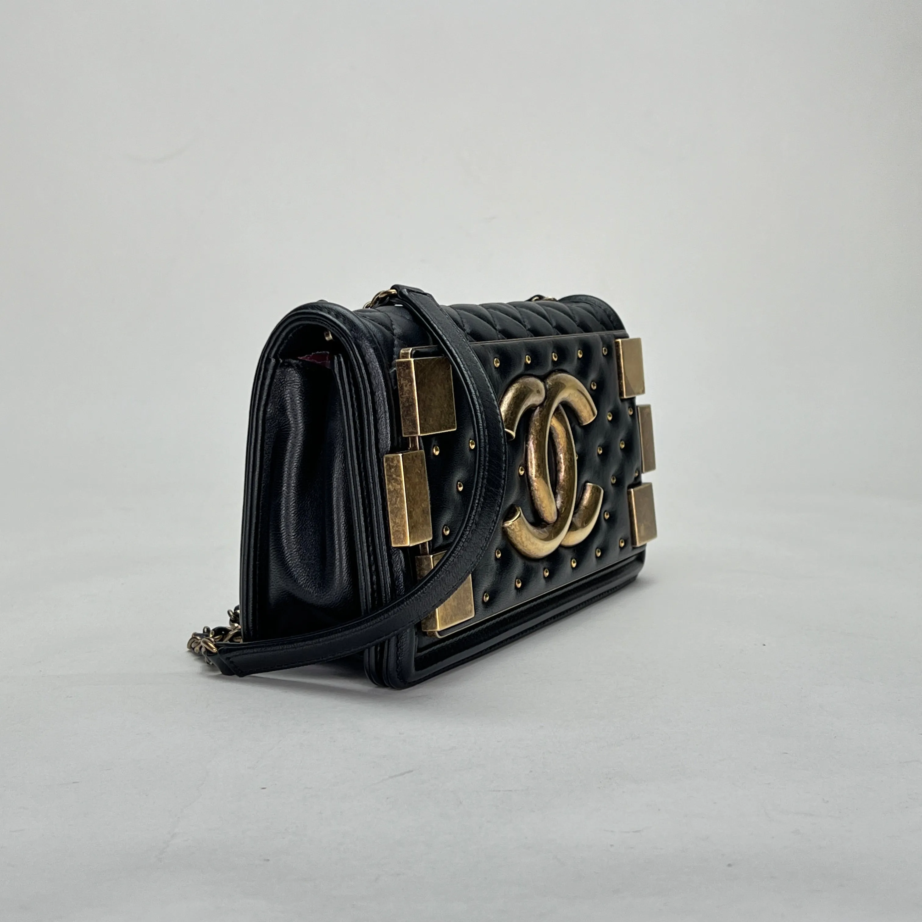 Boy Brick Studded Horizontal Flap Black Crossbody Bag in Lambskin, Brushed Gold hardware