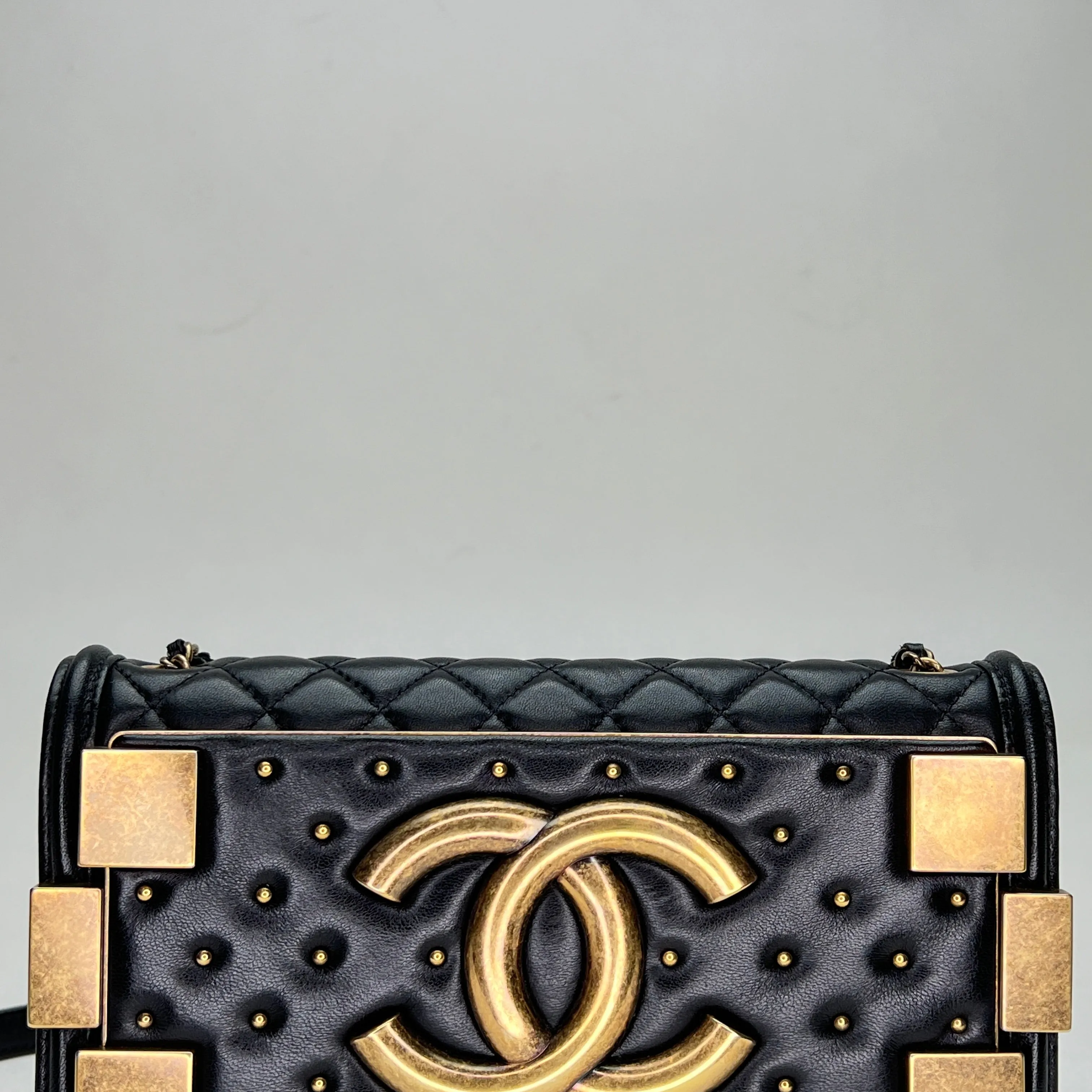 Boy Brick Studded Horizontal Flap Black Crossbody Bag in Lambskin, Brushed Gold hardware