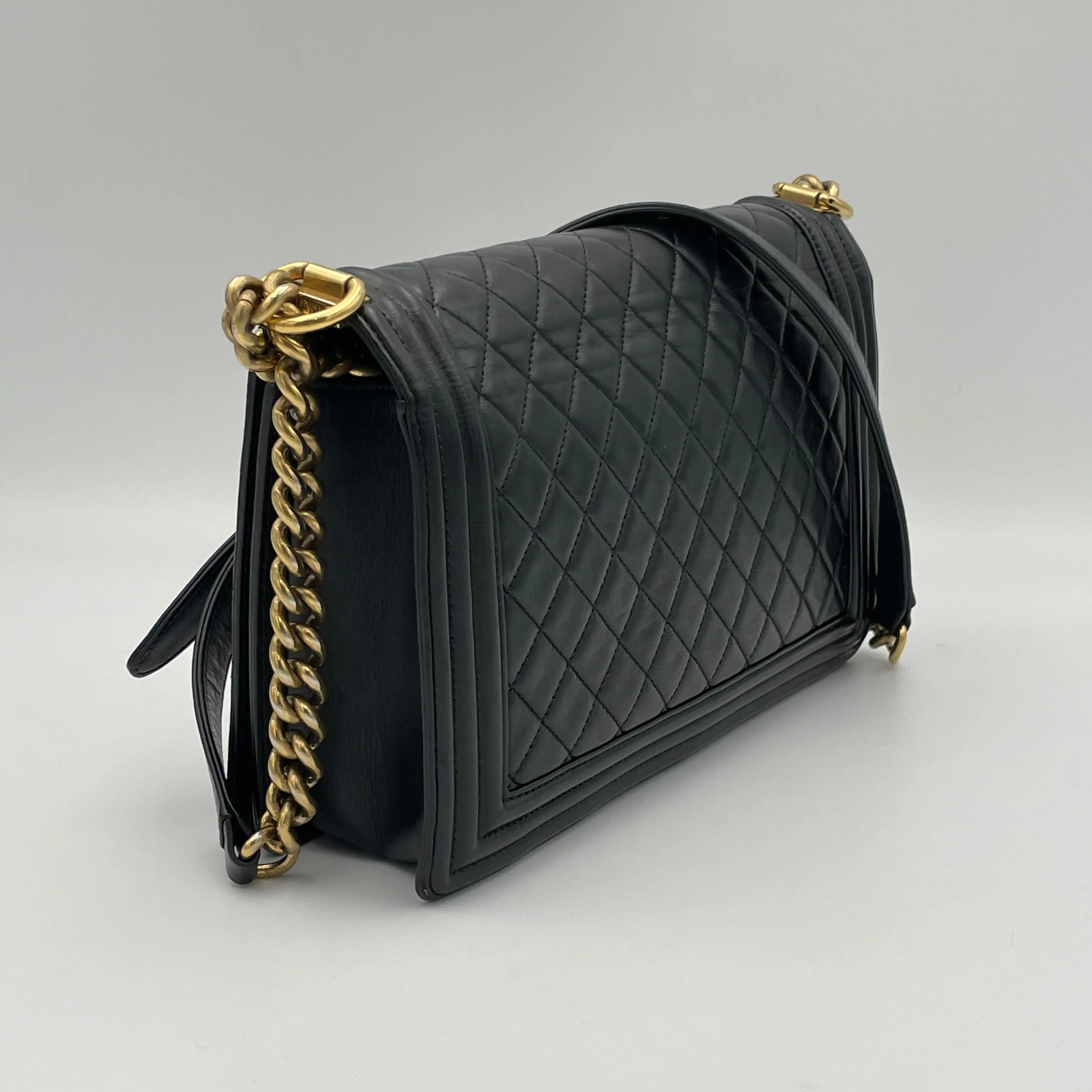 Boy Large Black Shoulder Bag in Lambskin, Gold hardware