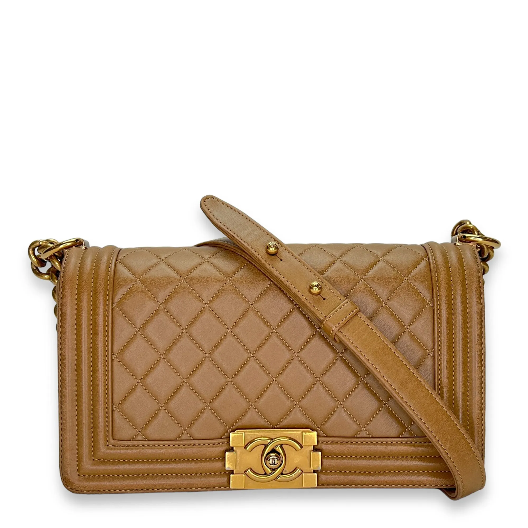 Boy Medium Brown Shoulder Bag in Lambskin, Gold hardware