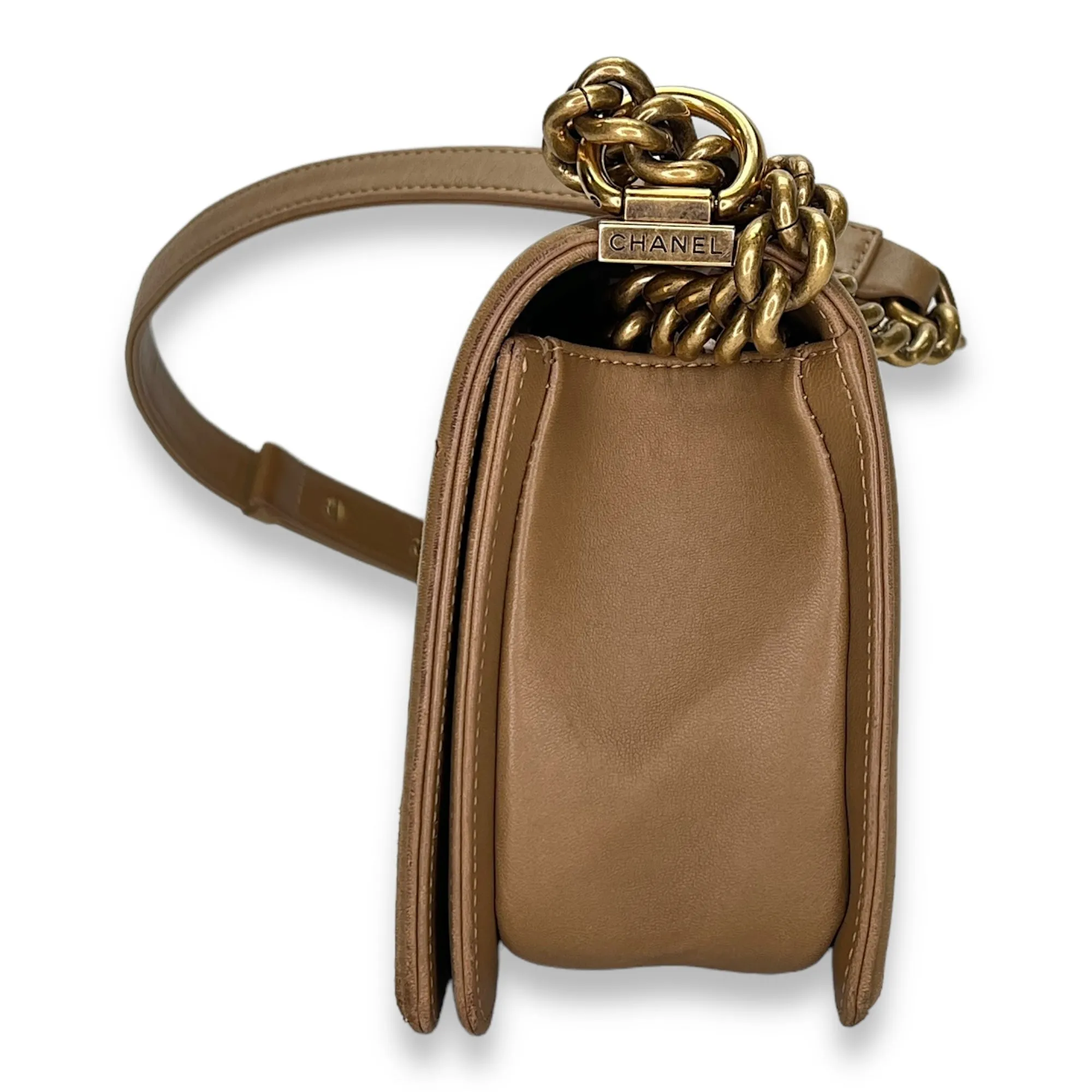 Boy Medium Brown Shoulder Bag in Lambskin, Gold hardware