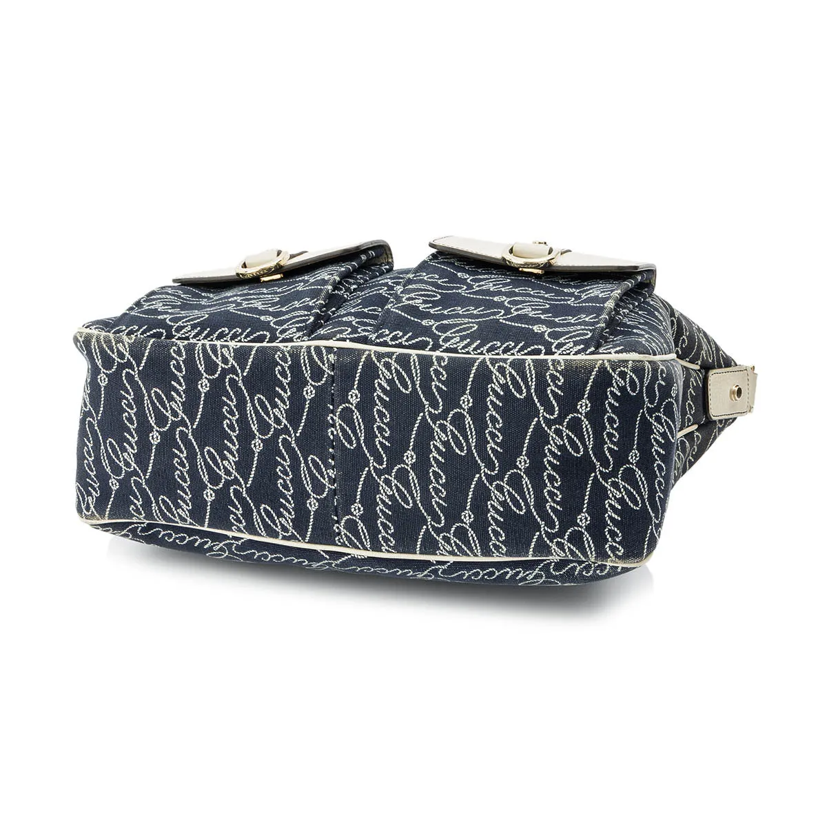 Calligraphy Navy Shoulder Bag in Denim, Light Gold hardware