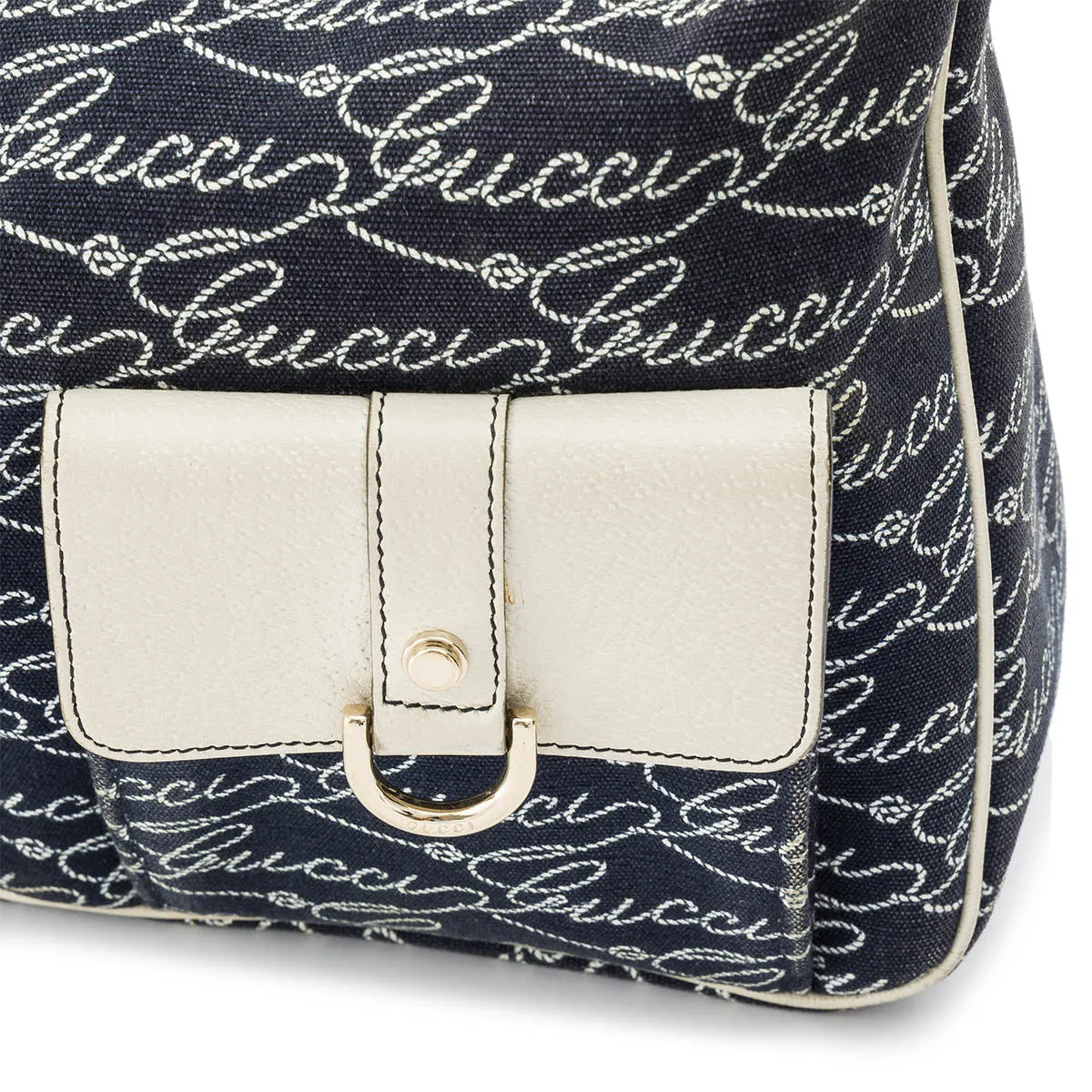 Calligraphy Navy Shoulder Bag in Denim, Light Gold hardware