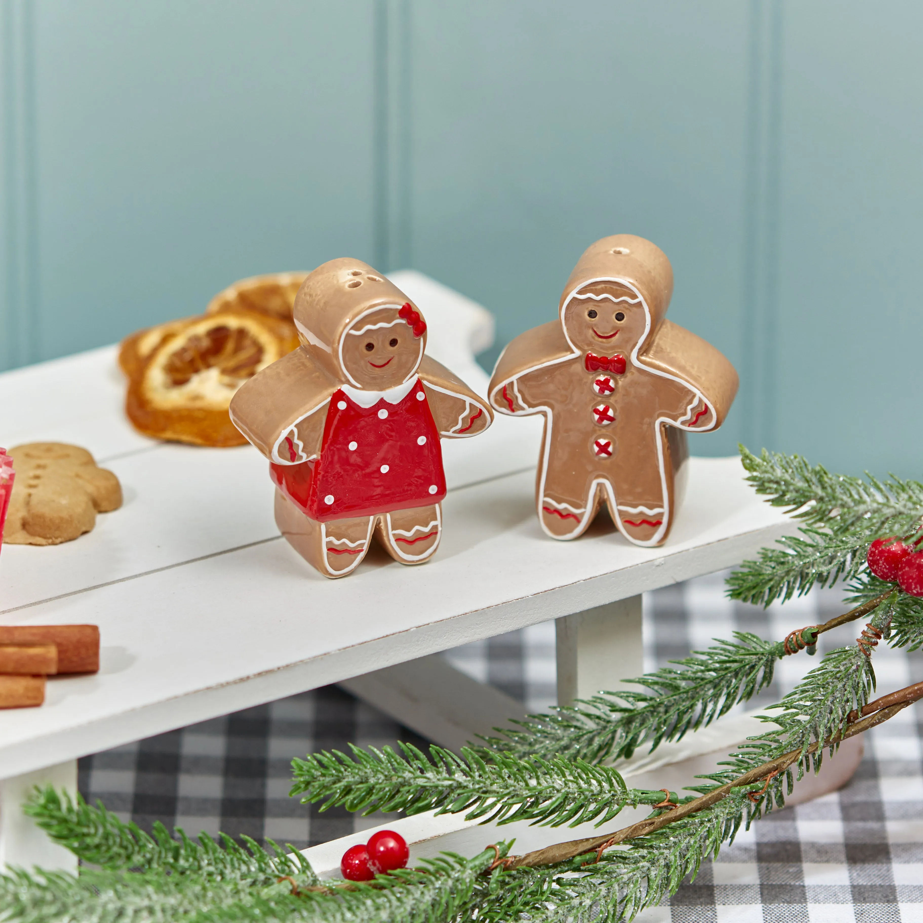 Ceramic Gingerbread Couple Salt & Pepper Shaker Set