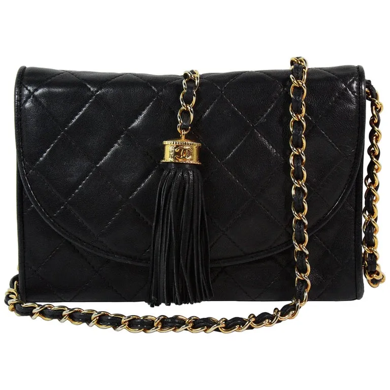 CHANEL 1990s Quilted Black Leather Crossbody Bag with Tassel