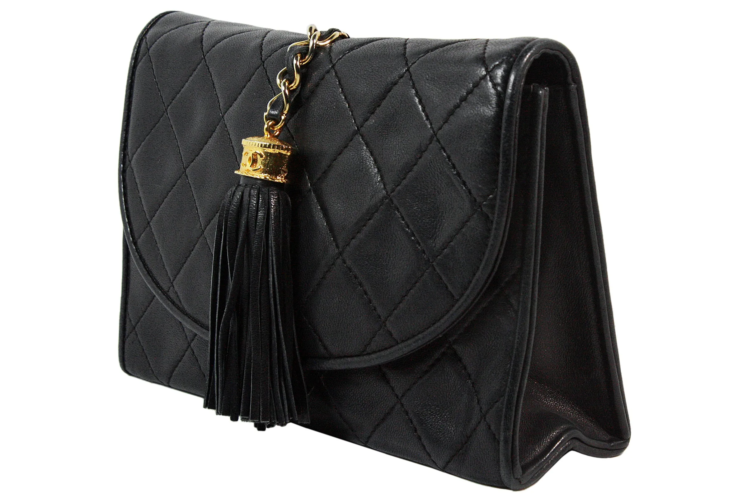 CHANEL 1990s Quilted Black Leather Crossbody Bag with Tassel