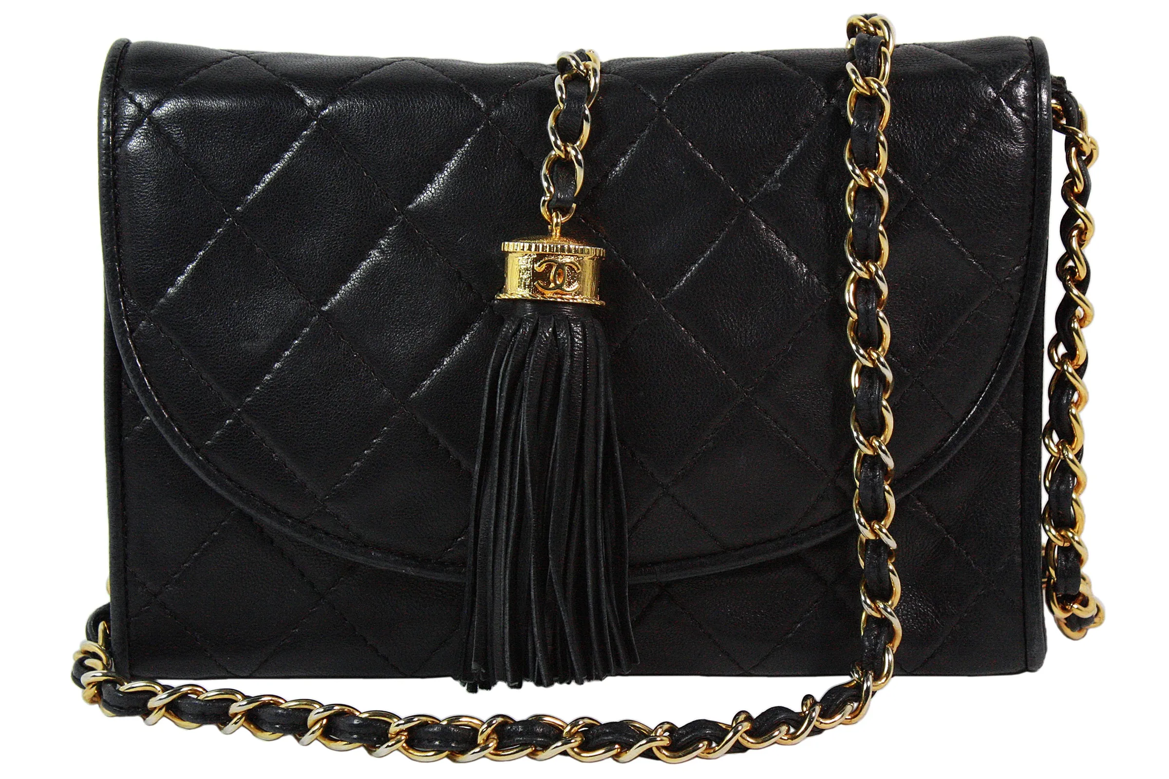 CHANEL 1990s Quilted Black Leather Crossbody Bag with Tassel