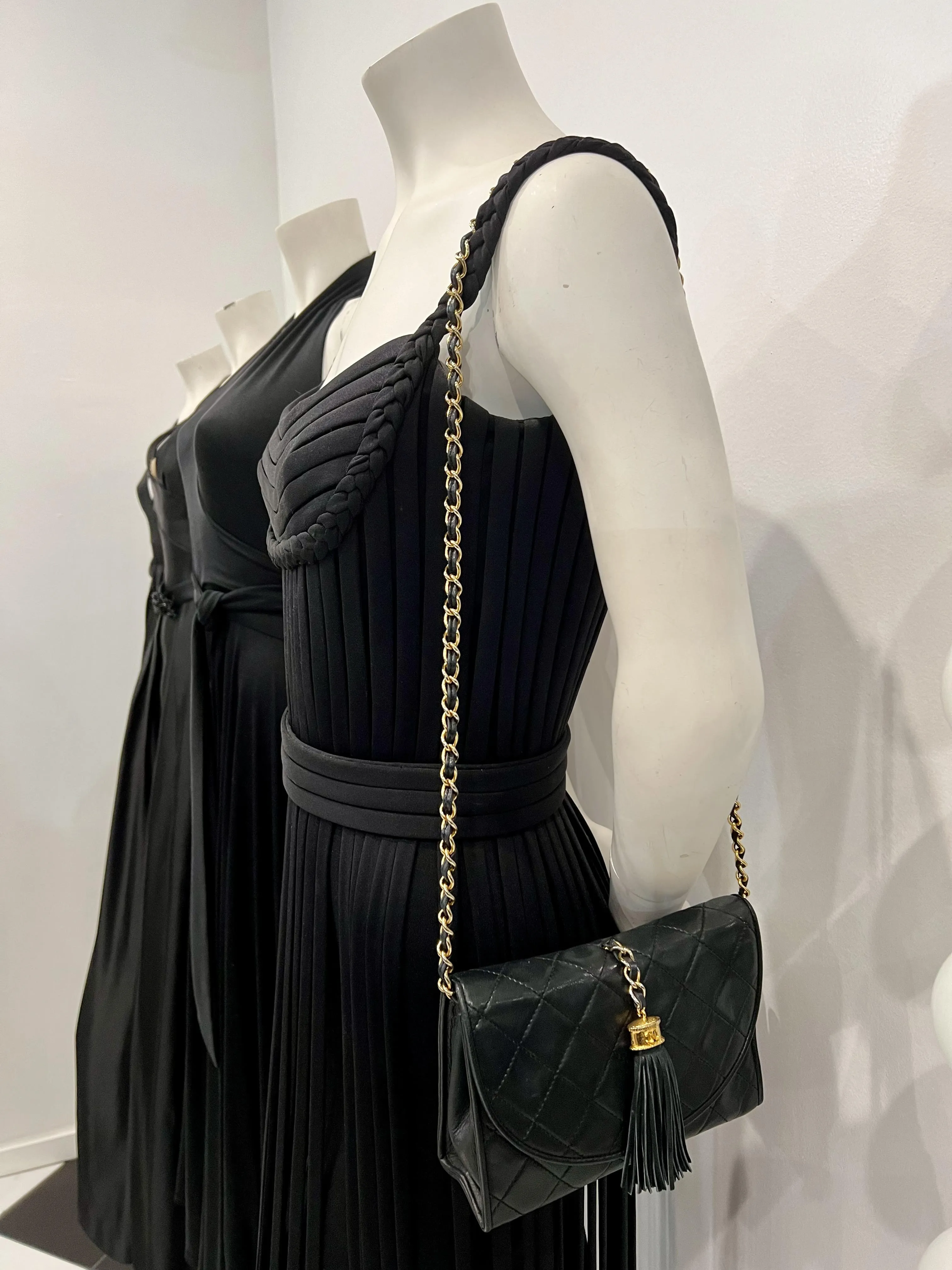 CHANEL 1990s Quilted Black Leather Crossbody Bag with Tassel