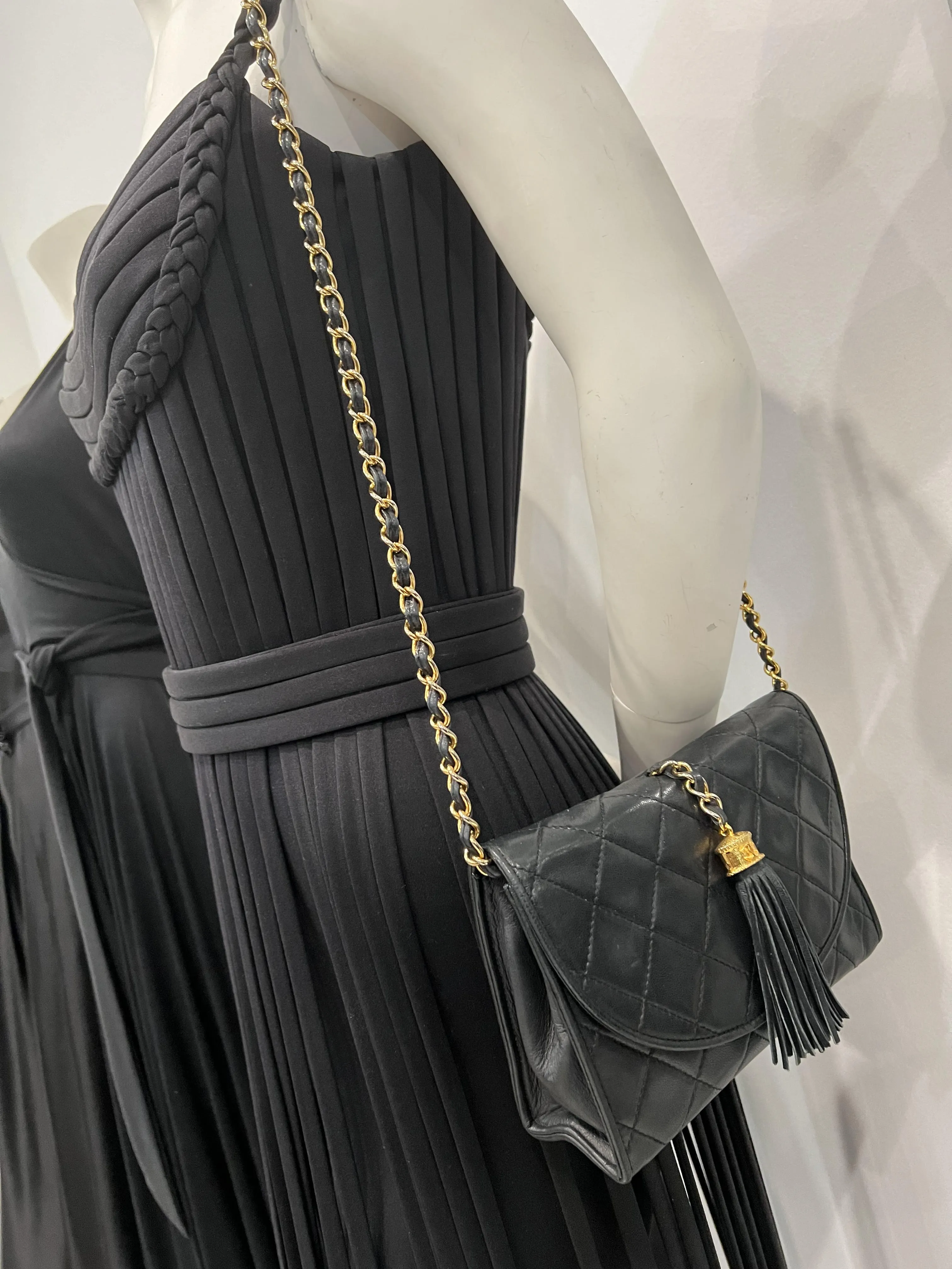 CHANEL 1990s Quilted Black Leather Crossbody Bag with Tassel