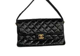 Chanel 1996 Black Patent Quilted Medium Double Charm CC 24K Flap Handbag Purse