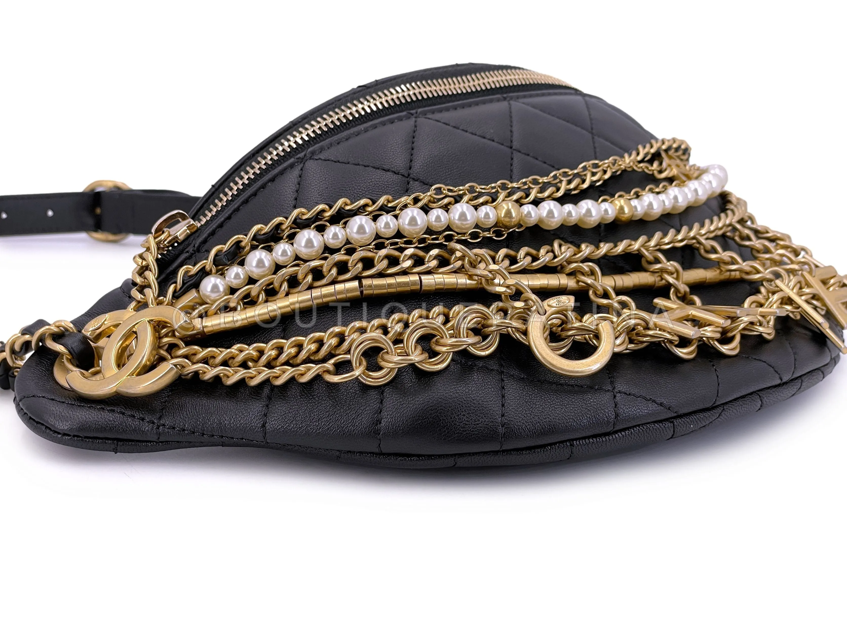 Chanel 19A Black All About Chains Pearl Fanny Pack Bag GHW 1LP