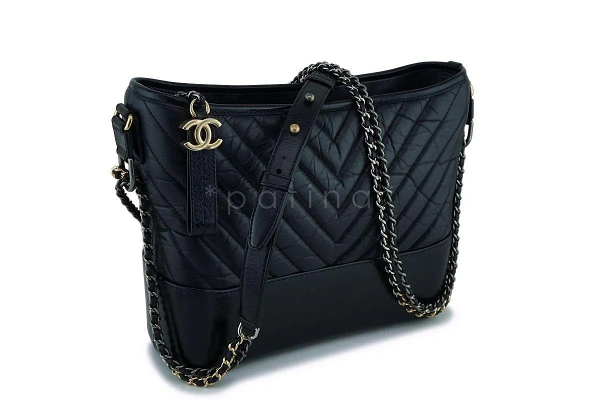 Chanel Black Calfskin Medium Chevron Gabrielle Hobo Bag