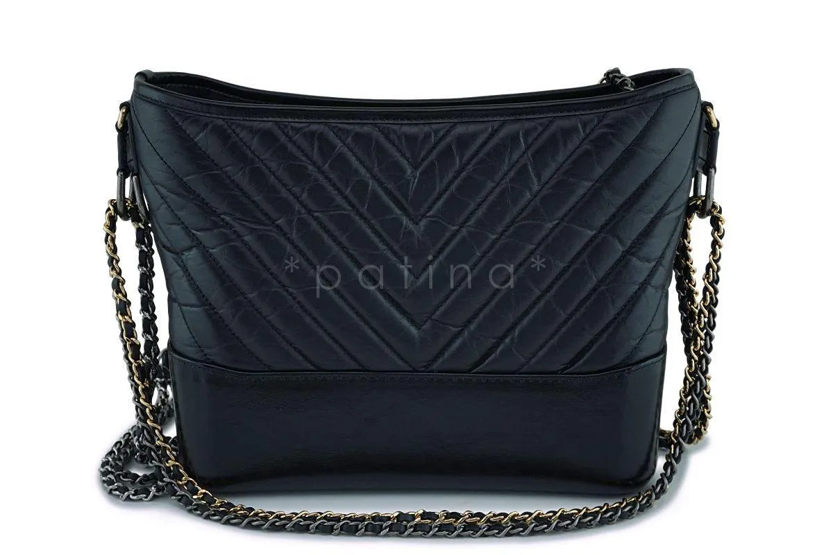 Chanel Black Calfskin Medium Chevron Gabrielle Hobo Bag