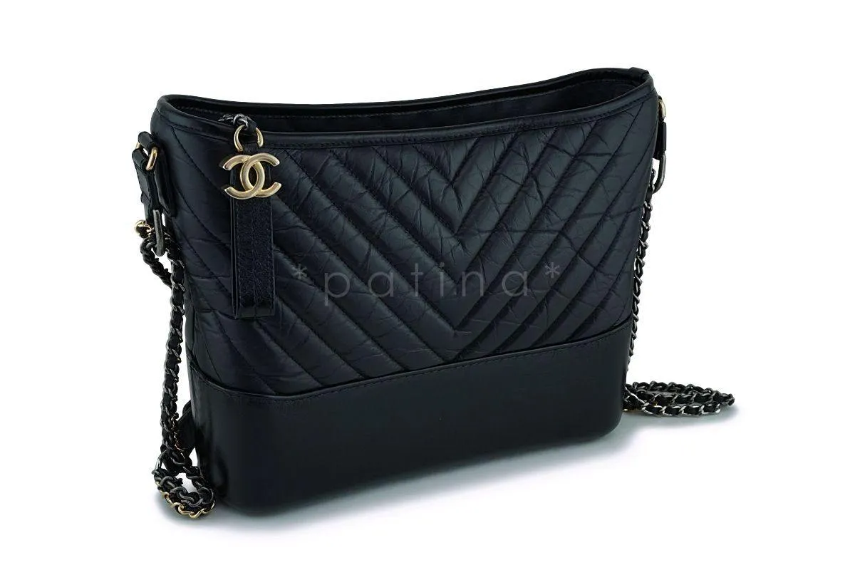 Chanel Black Calfskin Medium Chevron Gabrielle Hobo Bag