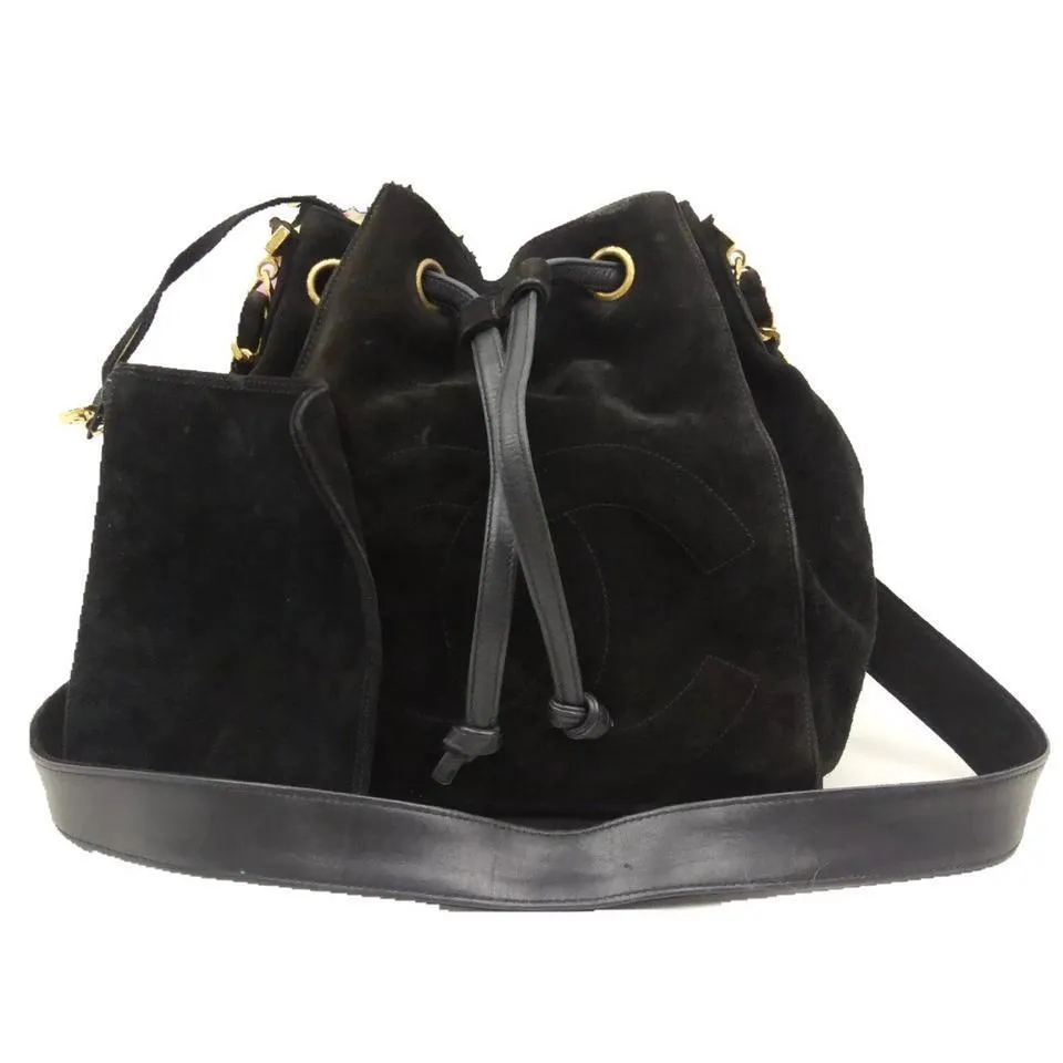 CHANEL Black Vintage Suede CC Chain Bucket Backpack Shoulder Bag