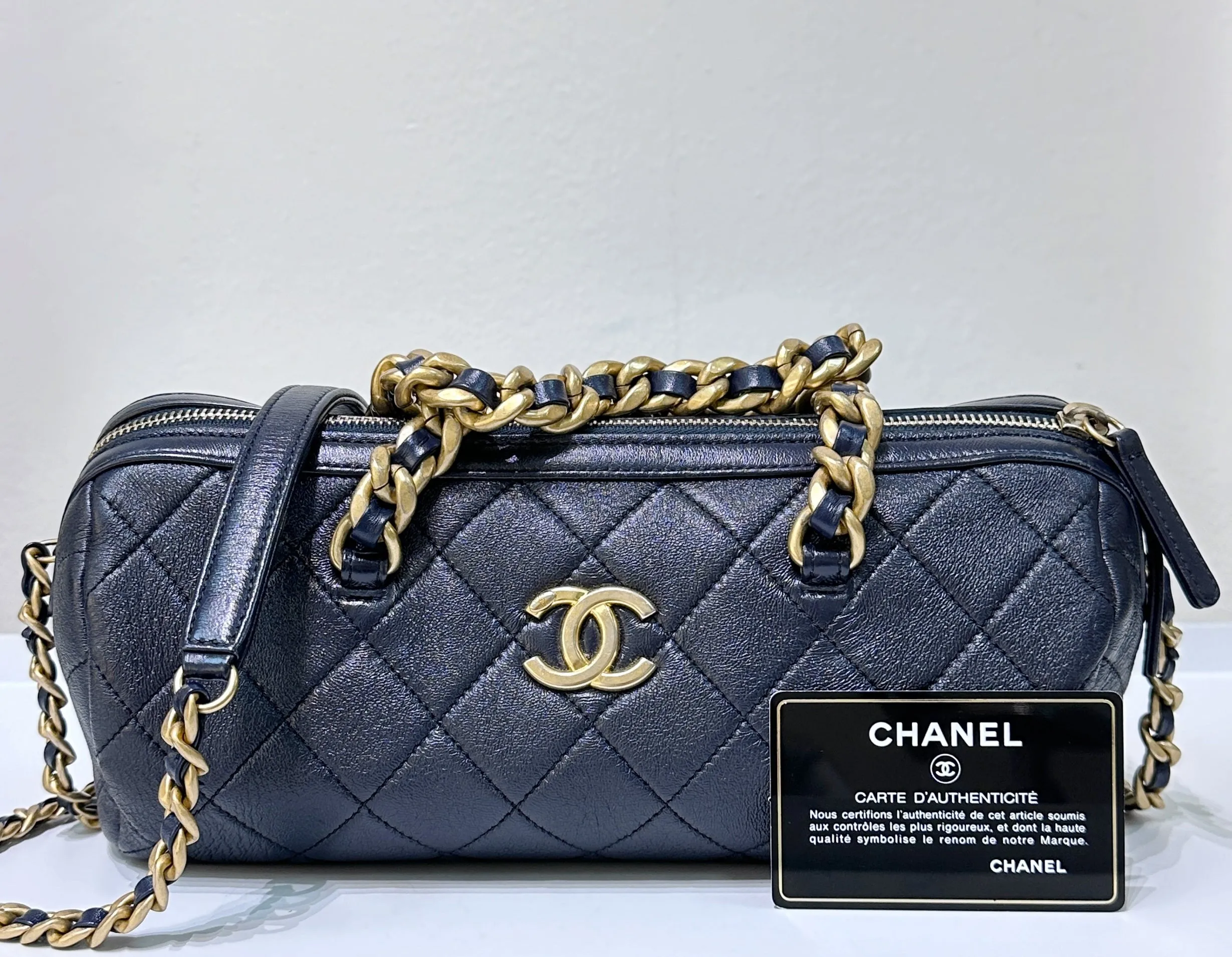 CHANEL Bowling chain handbag Womens shoulder bag Navy Blue GHW