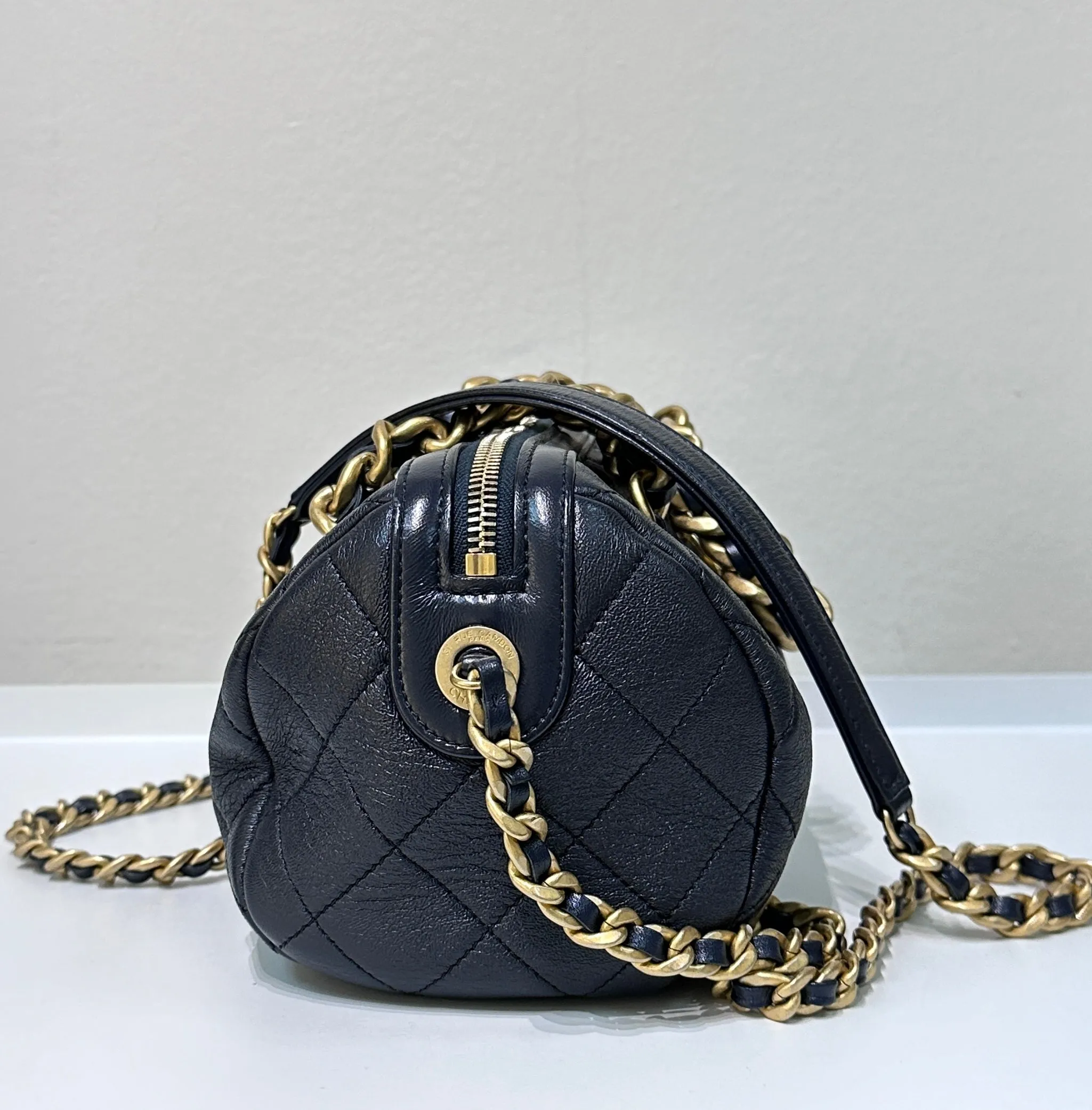 CHANEL Bowling chain handbag Womens shoulder bag Navy Blue GHW