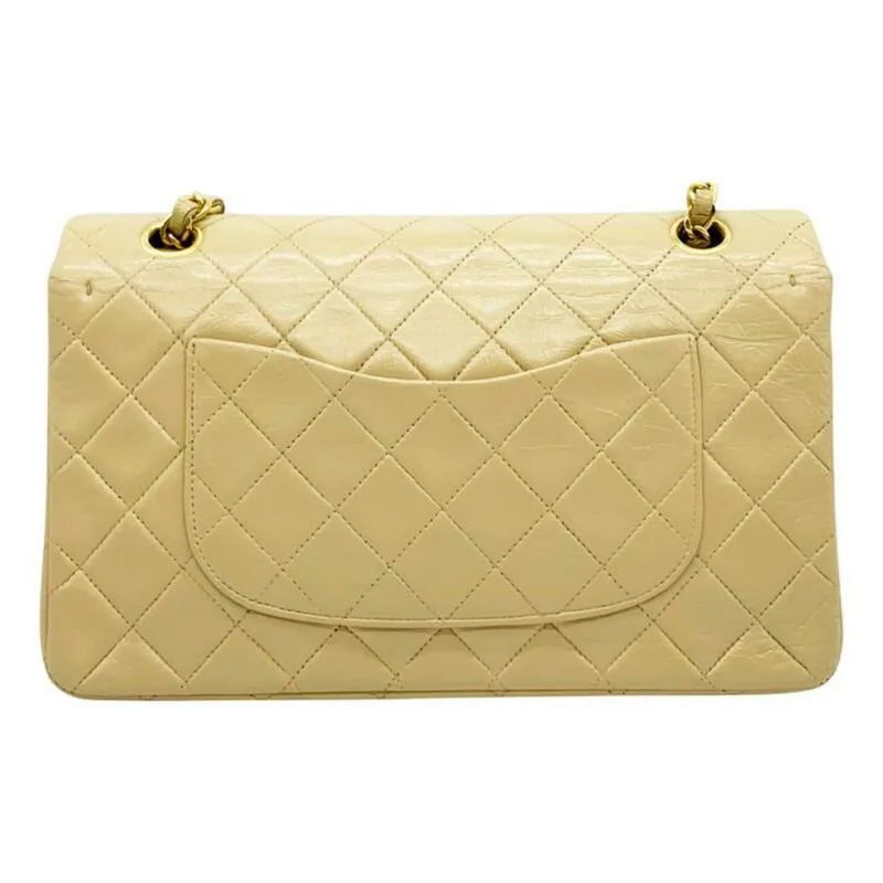 Vintage Chanel Double Flap Medium Shoulder Bag in Luxurious Beige Lambskin Leather with Chain Strap